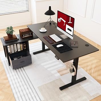 SANODESK 160x70cm Electric Standing Desk L-Shaped Standing Desk Height Adjustable Sit-Stand Table with Dual Drawers for Home Office – Black