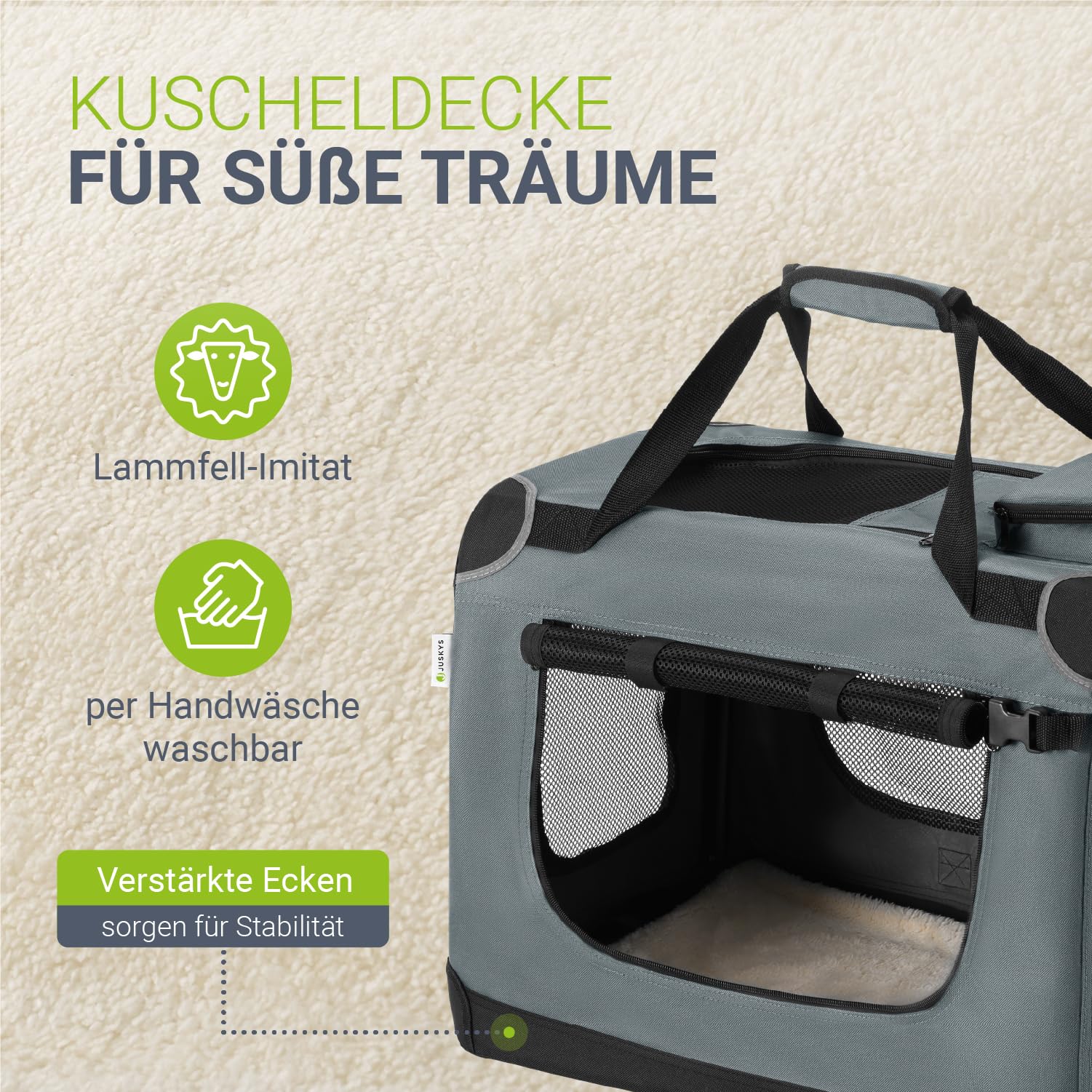 Juskys Hundetransportbox Lassie M faltbar & tragbar 42x60x44 cm mit Decke, Tasche & Griffen - Faltbare Transportbox für Hunde, Katzen & Haustiere - Oxford Stoff Hundebox Auto Hundetasche - Grau