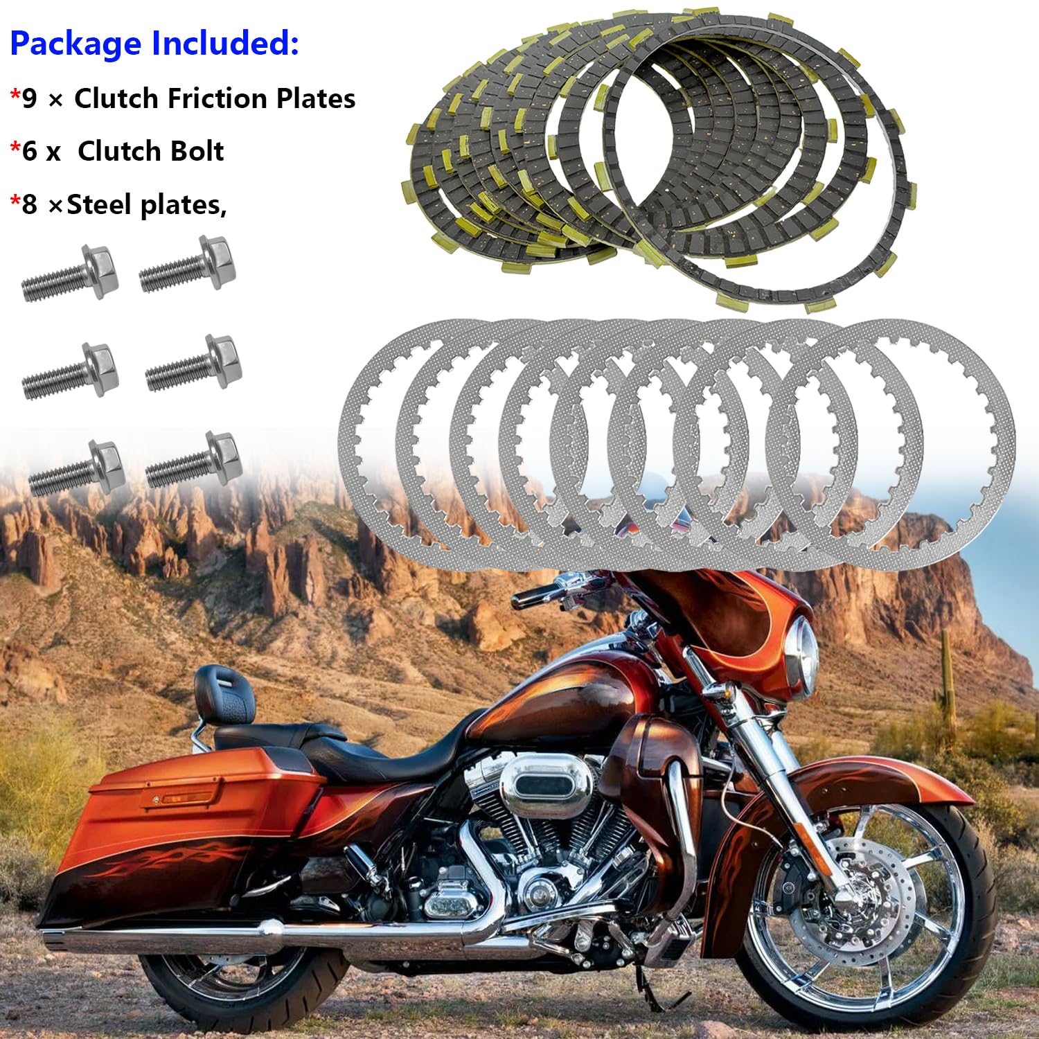 Extra Kupplungssatz Reibstahlplatten kompatibel mit 1999–2017 Touring Softail Dyna Twin Cam Modellen, Ersatz für 37913-98 37932-98 Ultra Classic Electra Glide Switchback Road King Road Glide