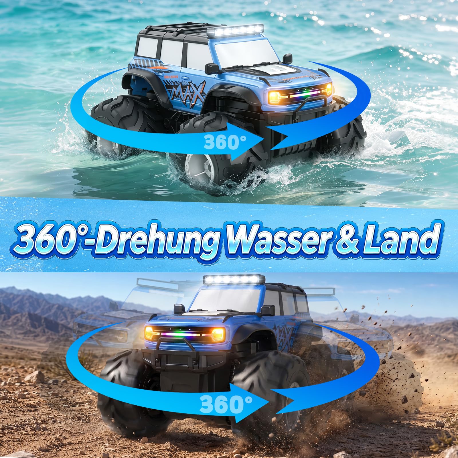HengLiSam Ferngesteuertes Auto Kinder mit LED Licht, 1:18 Amphibienfahrzeug