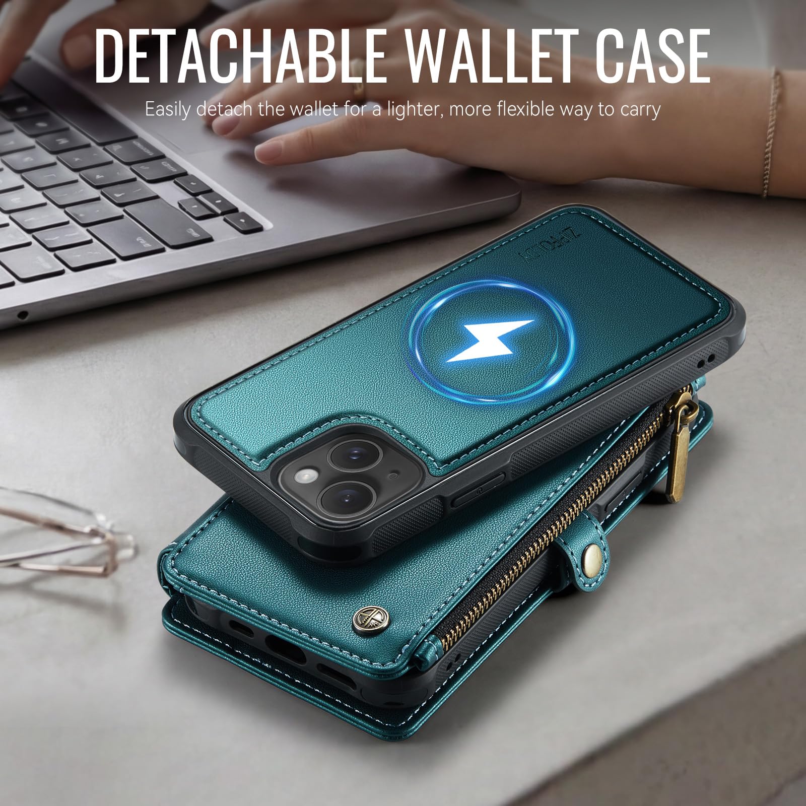per iPhone 15 - Custodia a portafoglio magnetica staccabile | Compatibile con Magsafe, porta carte di credito con blocco RFID, tasca con cerniera, cinturino da polso