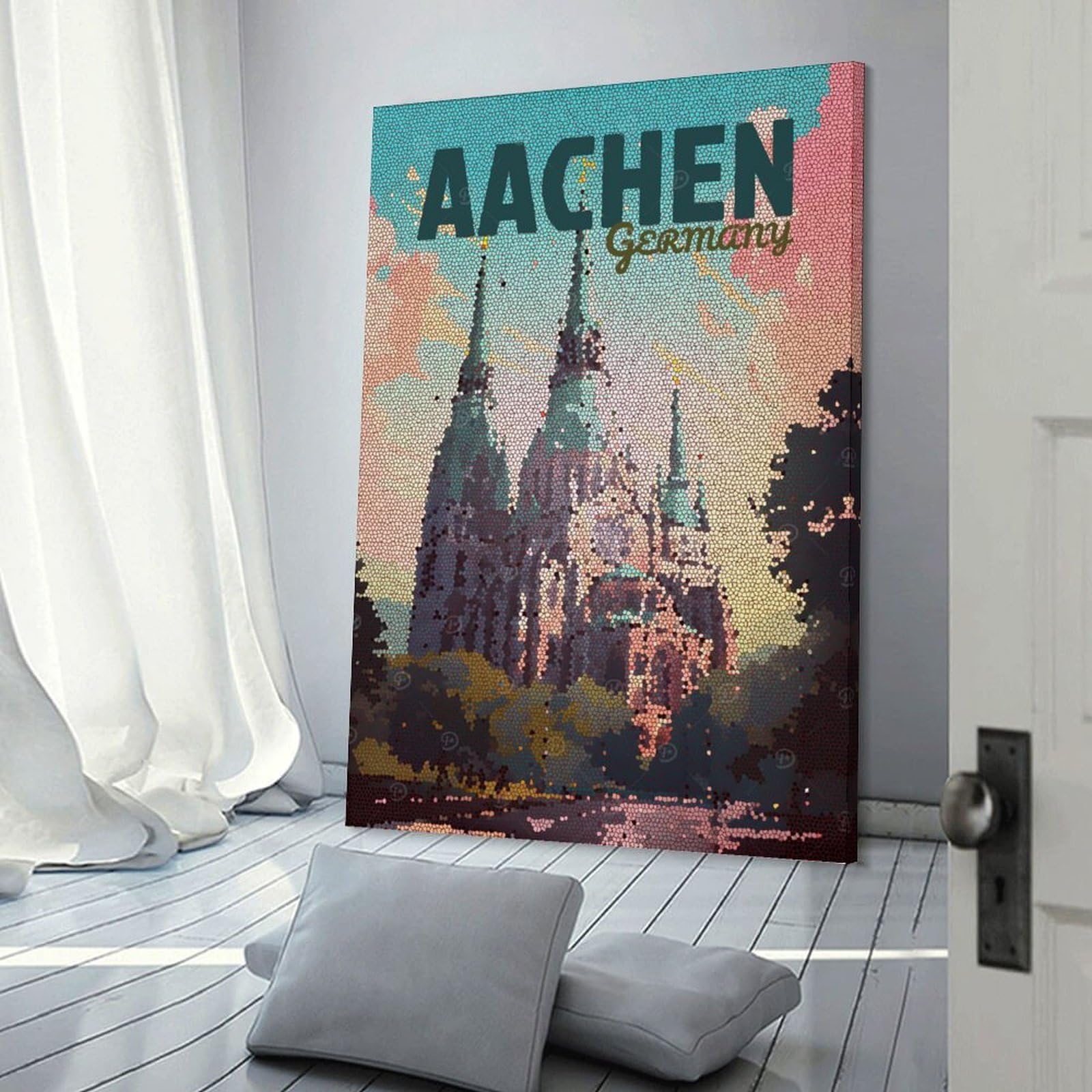 Junmoney Canvas Wall Picture Aachen Germany Vintage Mosaic, 12x18inch(30x45cm), for Bedroom Decor, Cosy Corners Or Studios, A Warm Accent for Relaxed Interiors
