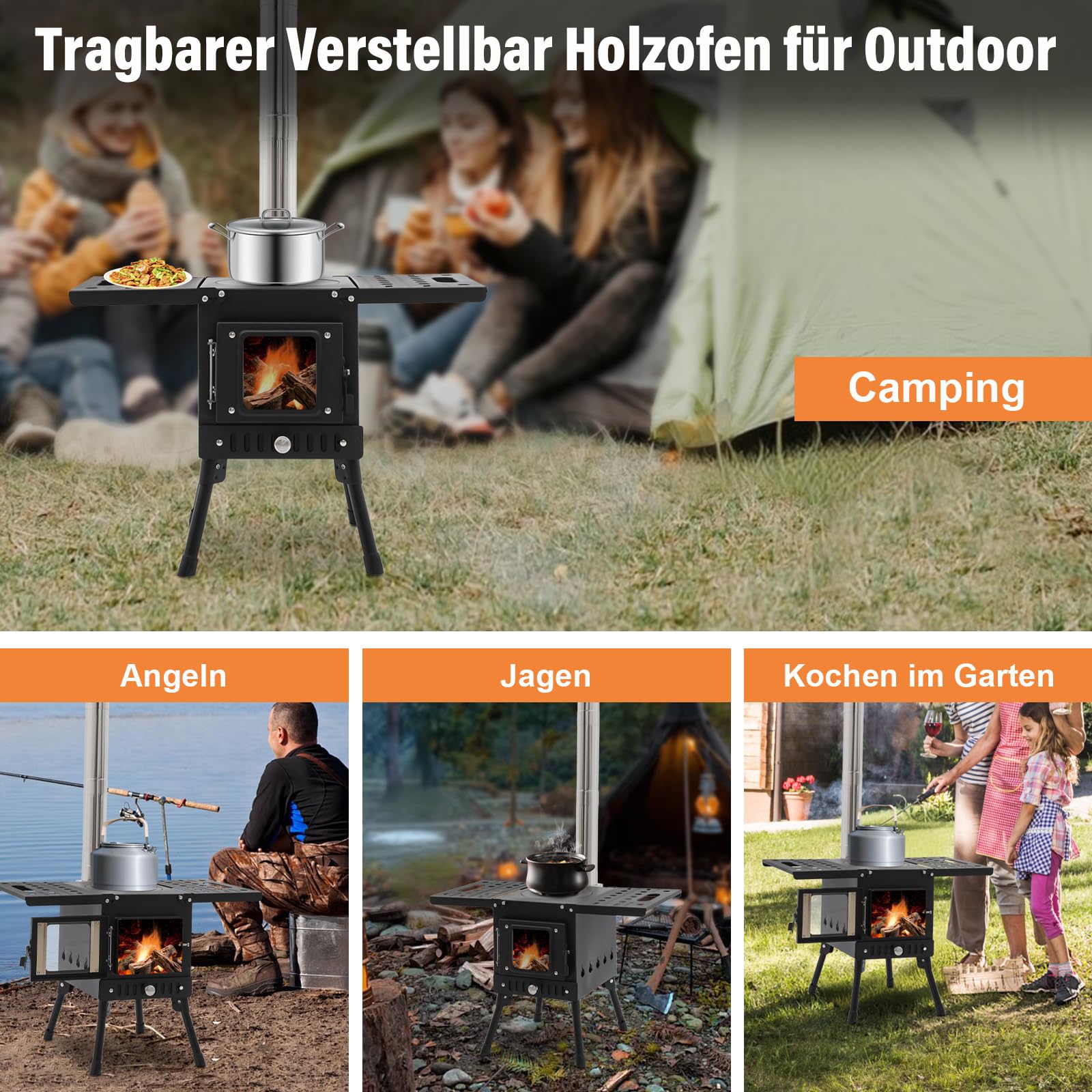 Klappbarer Kohlenstoffstahl Zeltofen mit komplettem Schornstein, Tragbarer Camping Holzofen zum Heizen & Kochen für Zelt, Garten und Camping BBQ, höhenverstellbar 36-56cm