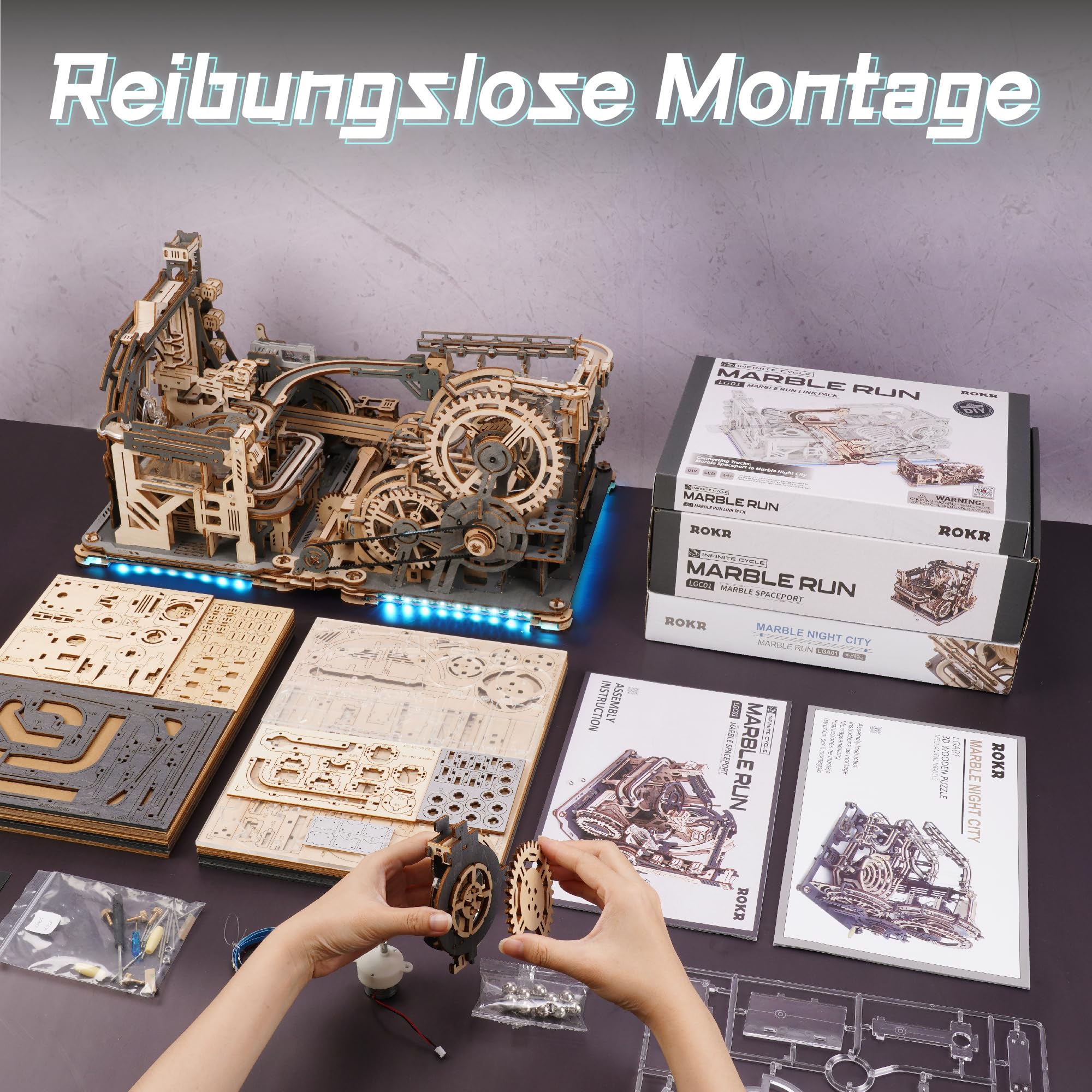 ROKR Kugelbahnen Kombi-Set 3D Puzzle Erwachsene Modellbausätze Geschenkidee für Männer Marble Spaceport & Night City & Link Pack