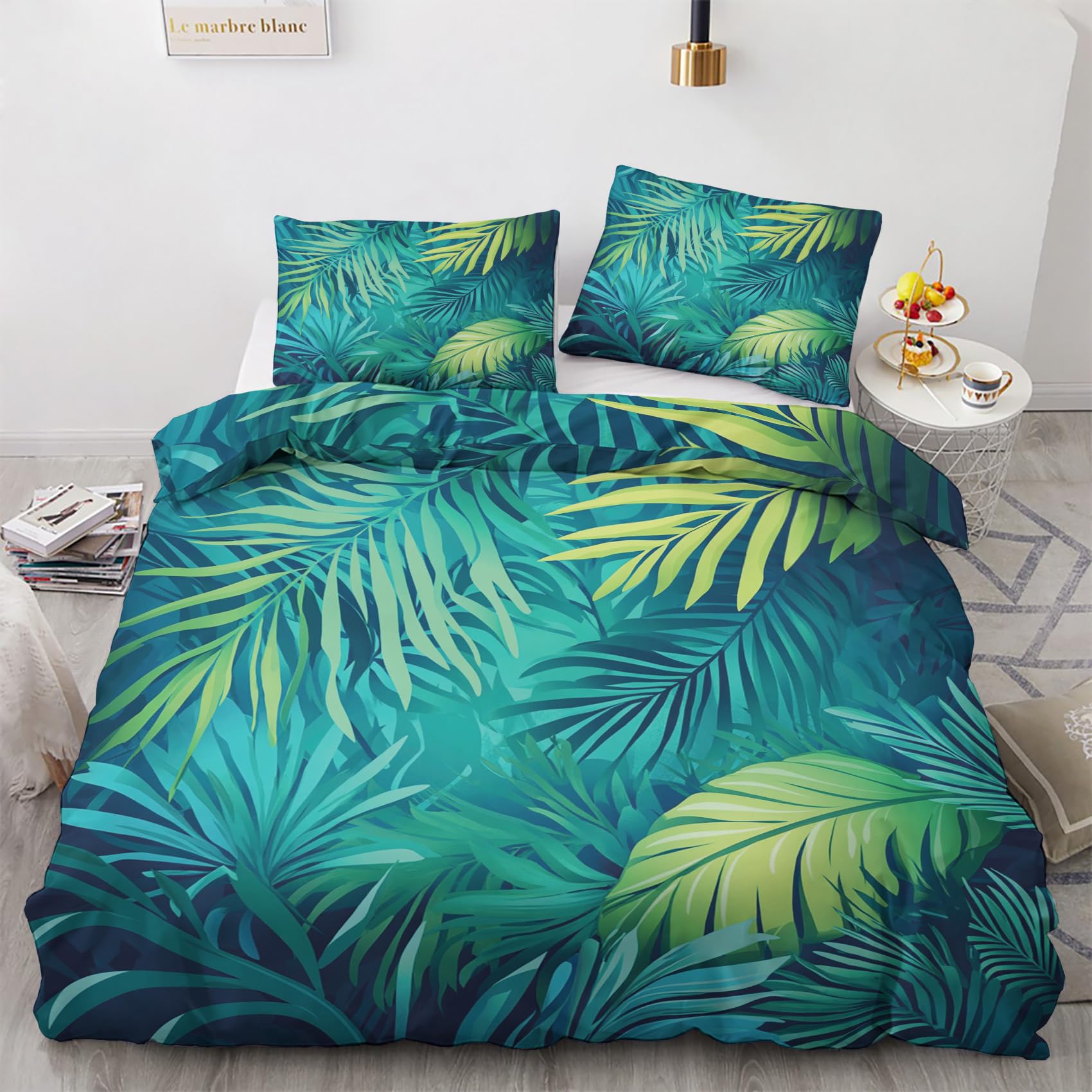 ZyxMehtic Tropical Jungle Double Duvet Cover Set 3 Piece, Palm Leaves Quilt Cover 200x200cm with 2 Pillowcase 50x75cm, Microfiber Green Botanical Bedding Set with Zipper Closure