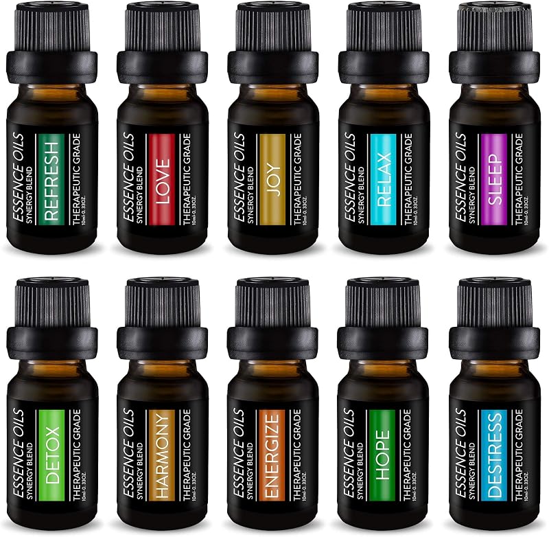 Pure Daily Care Aromaterapia Top 10 Juego de mezclas de sinergia de aceites esenciales - Mezclas de aceites de sinergia de grado terapéutico - Mejora la mente, el cuerpo y el espíritu - Mezclas de 10 x 10 ml - Sin rellenos ni aditivos