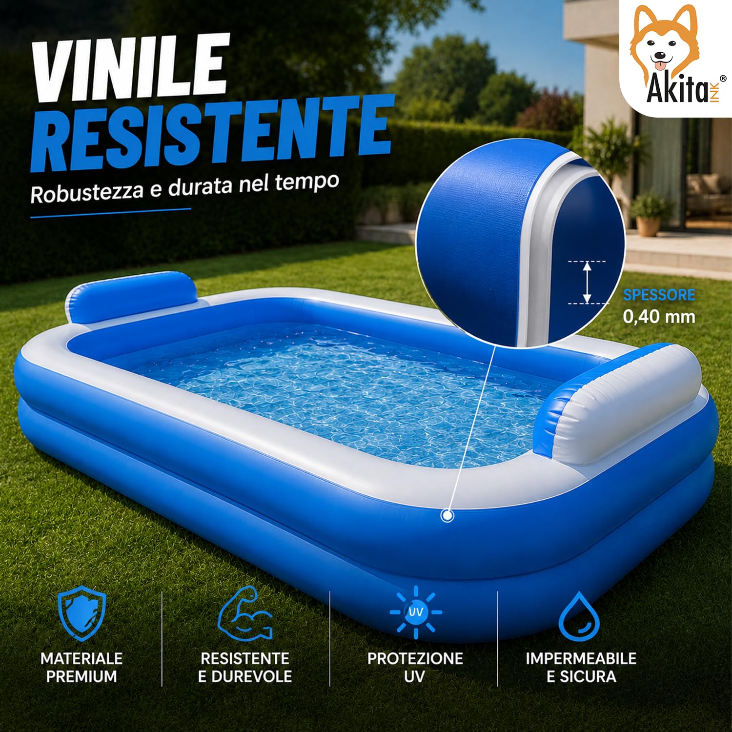 Akitaink Piscina Gonfiabile Rettangolare 200x150x50 cm con Cuscini e Fondo Gonfiabile in PVC Azzurro/Bianco per Bambini dai 3 Anni in Su