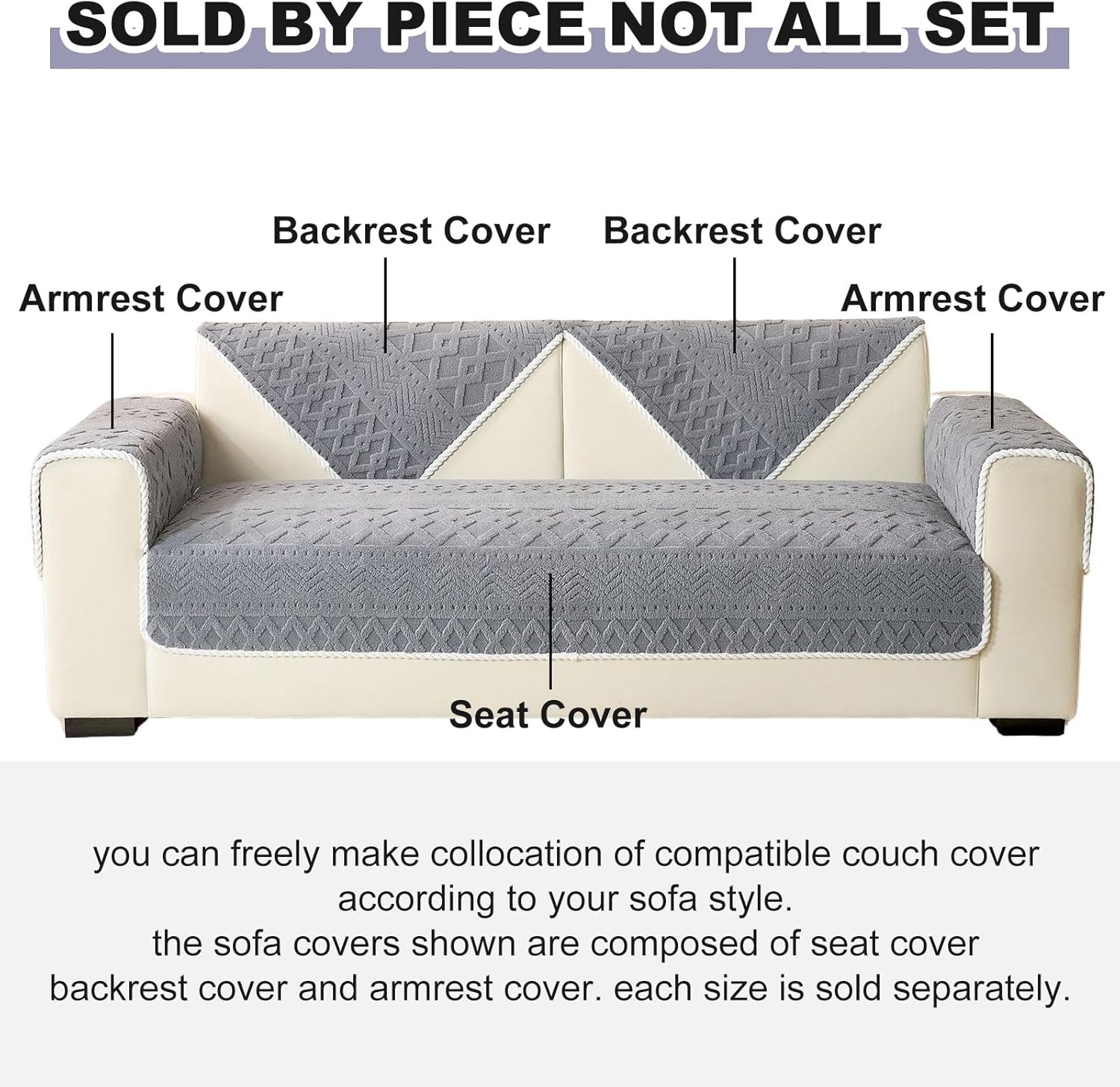 vctops Boho Jacquard Plush Sofa Cover Fluffy Fuzzy Couch Cover for Dogs Soft Cozy Non Slip Sectional Sofa Slipcover Washable Furniture Protector for Kids, Pets (Grey,43"x82")