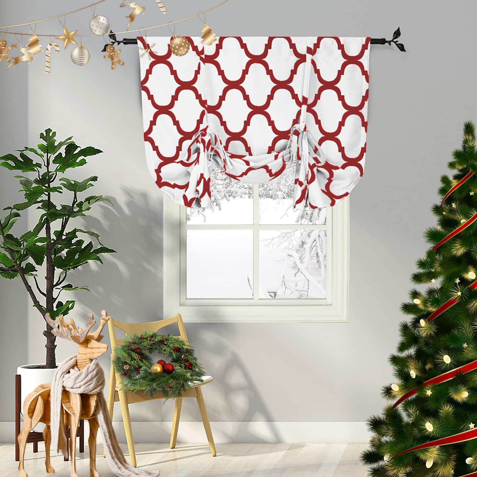 Melodieux Moroccan Thermal Insulated Tie Up Shade Room Darkening Blackout Rod Pocket Curtain for Small Window, 42 by 63 Inch, Off White/Red (1 Panel)
