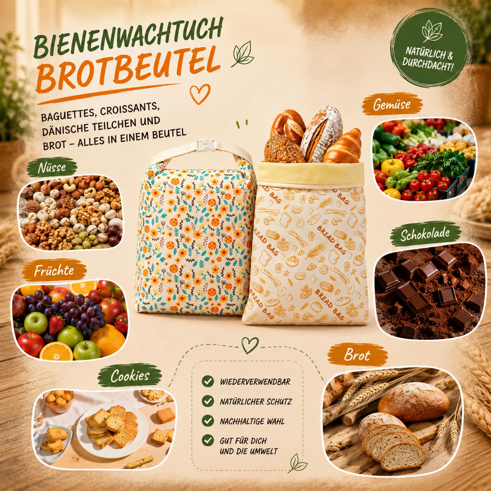 2 Stück Wiederverwendbare Bienenwachs Brotbeutel- Groß 43x33cm, Vollkommen natürliche Bienenwachs-Präservierung, Bienenwachs Brotbeutel für selbstgebackenes Brot und Backwaren