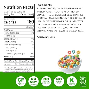 Orgain 30g High Protein Shake, Dairy Isolate Milk Protein, Fruity Cereal, 5g BCAAs,lt;1g Sugar Per Serving, Meal Replacement, Ready to Drink, Keto Friendly, Gluten-Free 11 Fl Oz (Pack of 12)