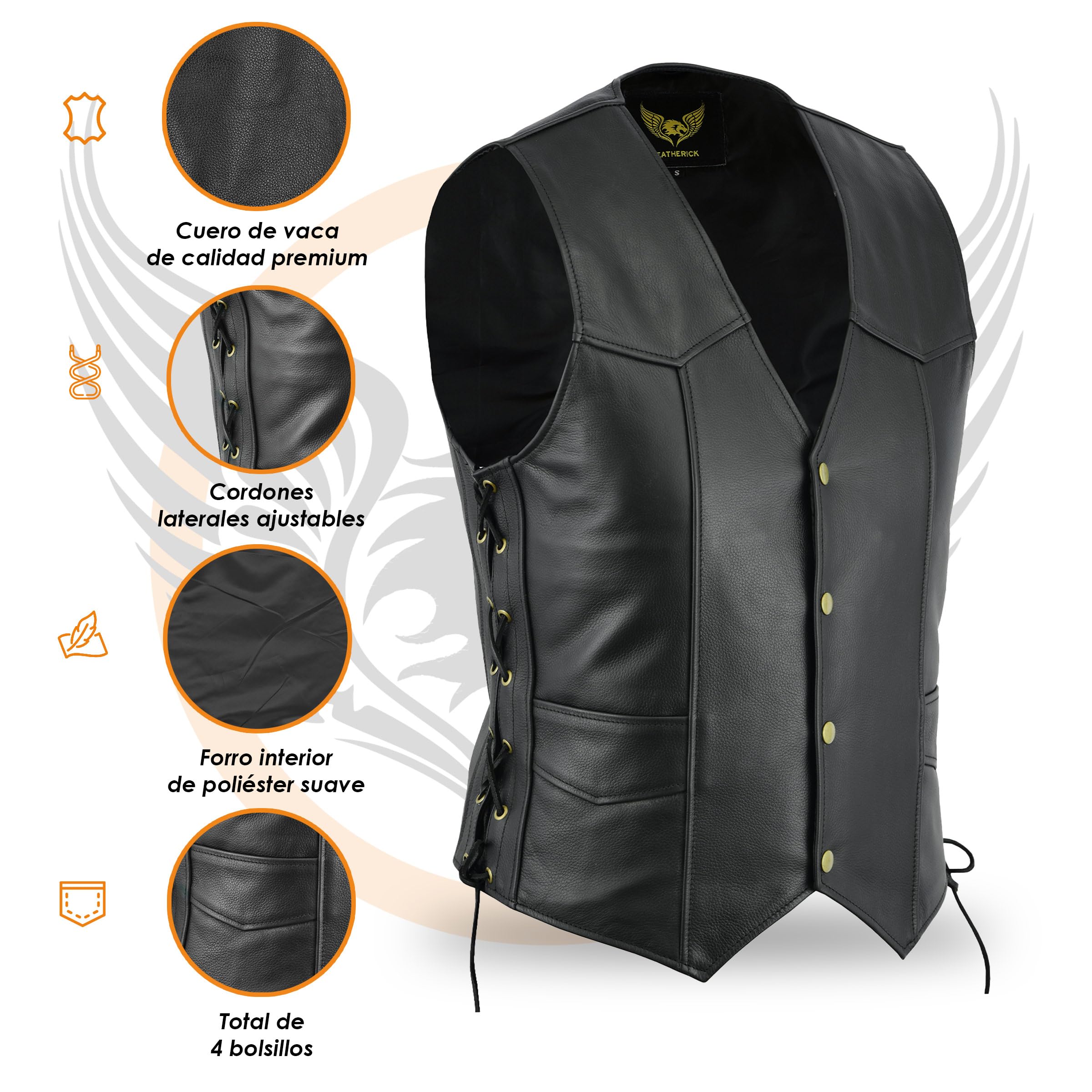 Leatherick Chaleco de cuero real para hombre con encaje lateral Estilo motero Moda casual
