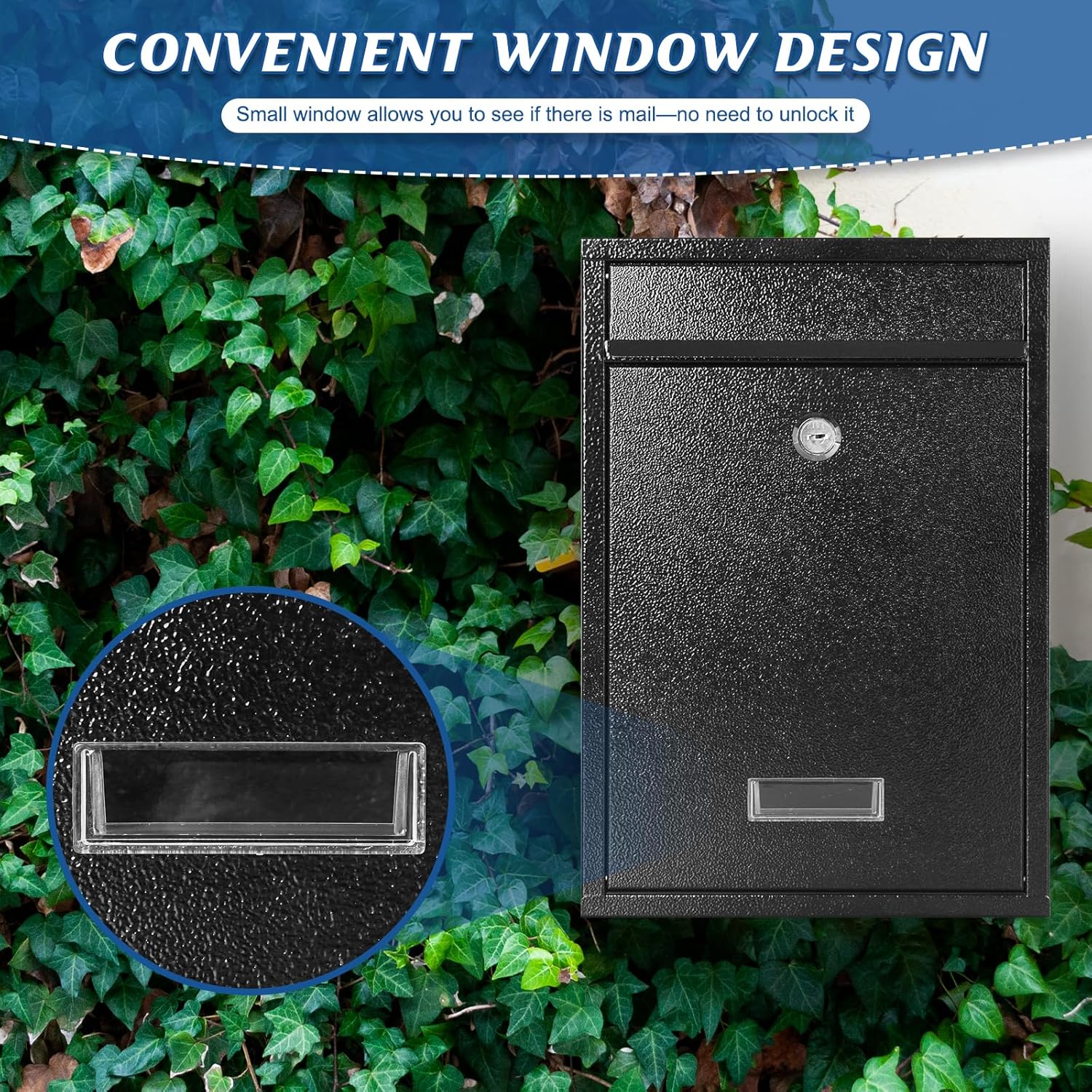 KYODOLED Key Lock Mailboxes for Outside, Locking Wall Mount Mailbox, Security Key Drop Box for Letters, Cash, Cards, Steel Mail Box for House Office School, 12.4H x 8.54L x 3.35W Inches, Black