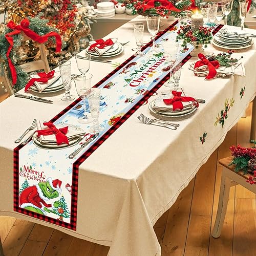 Miniatura 5 de Camino de mesa de Navidad para festivales, decoración de Navidad de dibujos animados, mantel para vacaciones, monstruo verde de Navidad, decoración