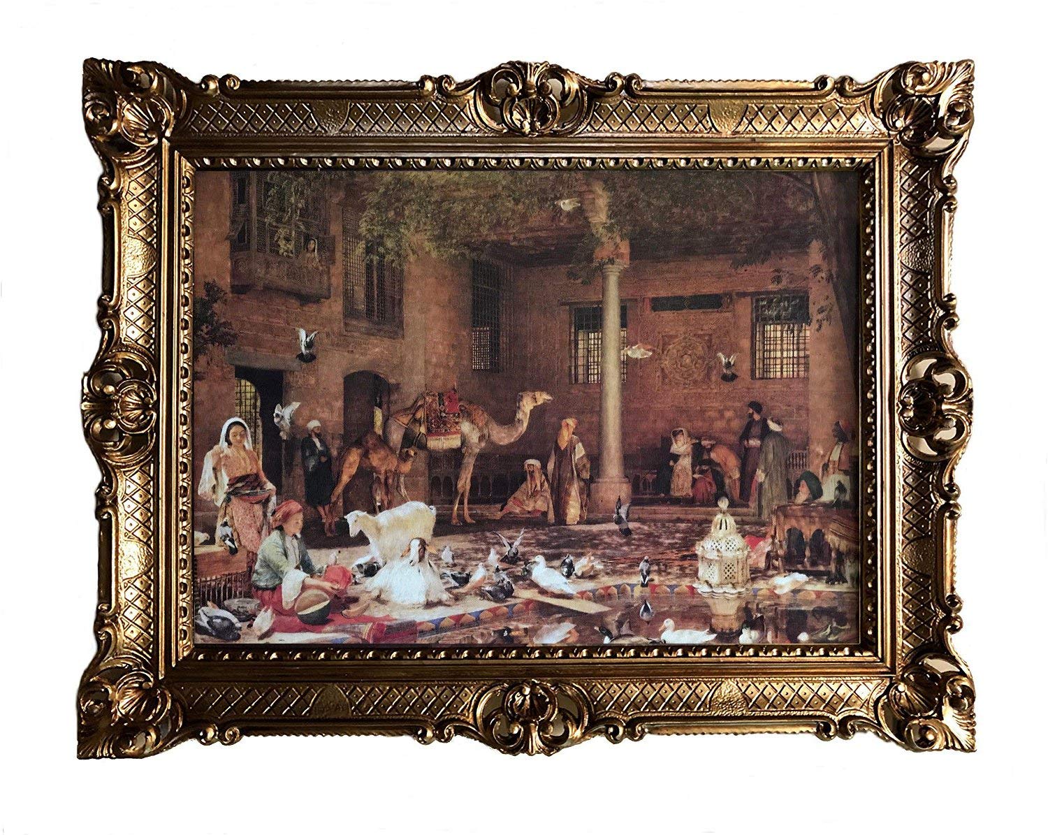 Made in Italy Basar Kamel Ziege Tauben Brunnen Orient Oriental orientalische bilder Bild mit Rahmen Wandbild 90x70cm Kunstdrucke und Gemälde Retro Repro Antik für Cafe Bar Home Büro Praxis 58B