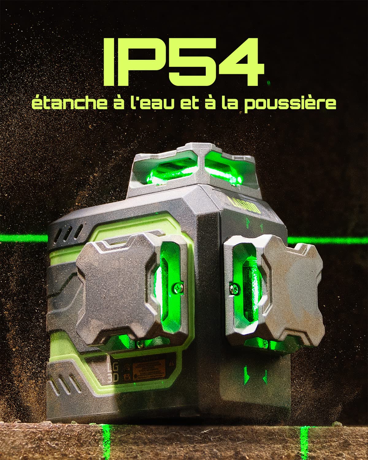 LasGoo LG-3D Niveau Laser Auto-nivelant 3x360°- Laser 3D à Faisceau Vert pour Construction et Alignements - 2 Batteries Rechargeables (20h) - Support Magnétique Rotatif et Relevable，Vert