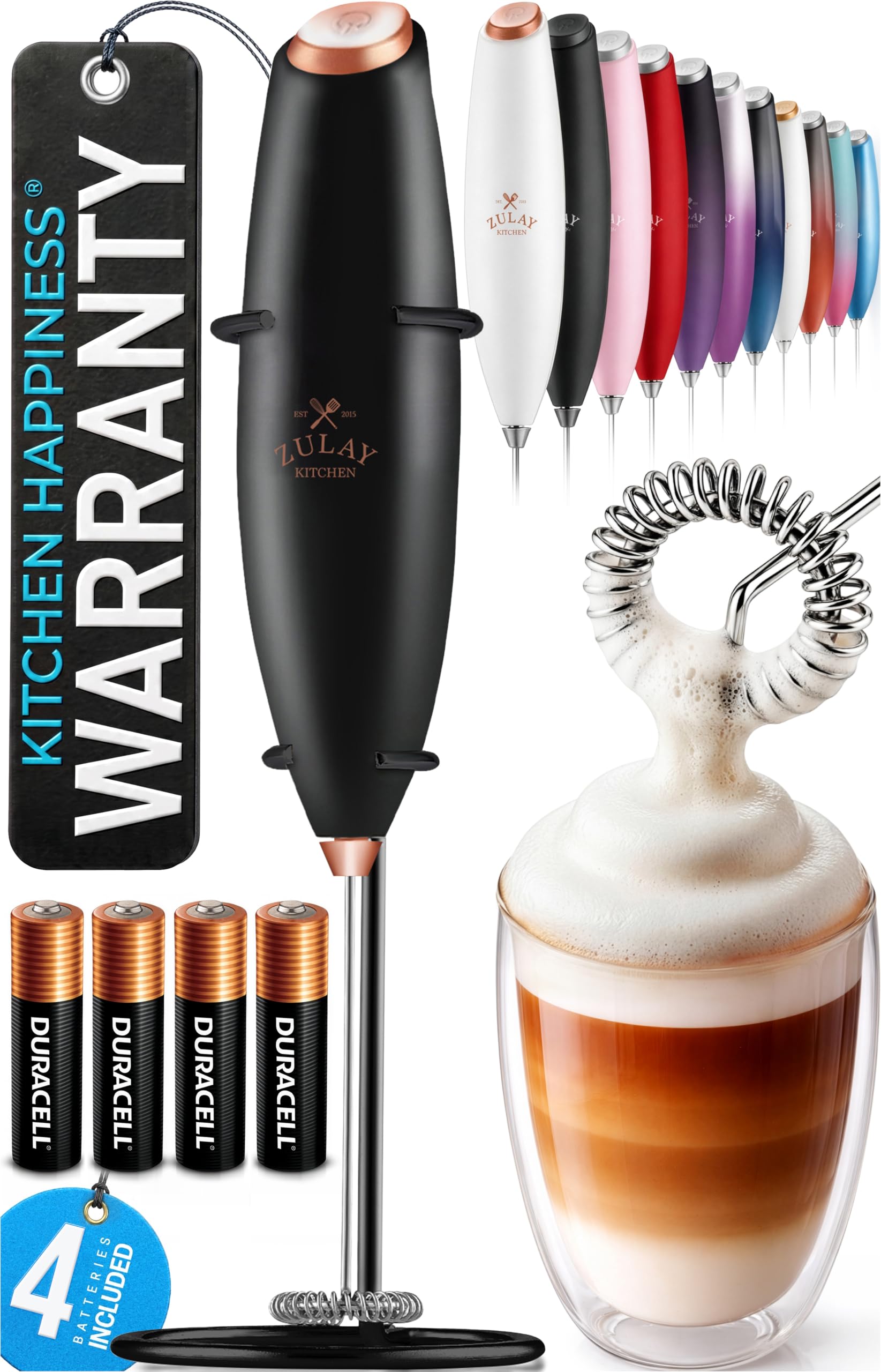 Zulay Kitchen Powerful Milk Frother Wand With Duracell Batteries - Ultra Fast Handheld Drink Mixer - Electric Whisk Foam Maker for Coffee, Lattes, Cappuccino &amp; Matcha - Z1 Motor - Black &amp; Copper