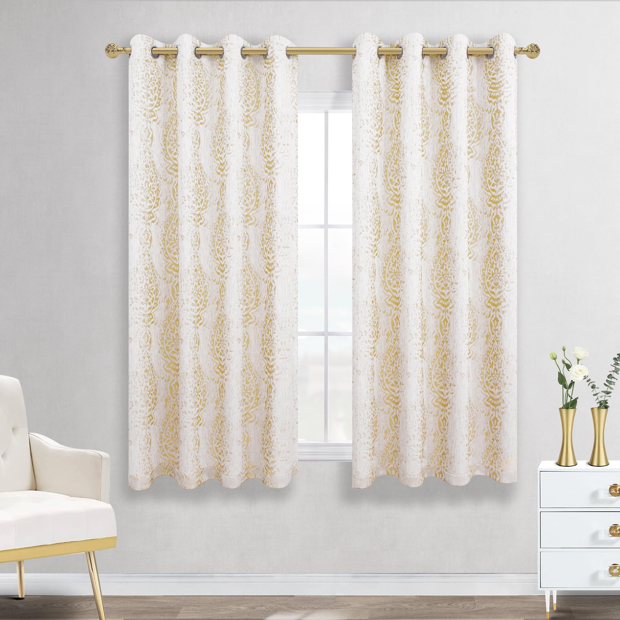 Mrs.Naturall Gold Yellow Curtains 45 Inch Length Grommet Top, Kitchen 50% Blackout Short Curtain Panels for Bedroom