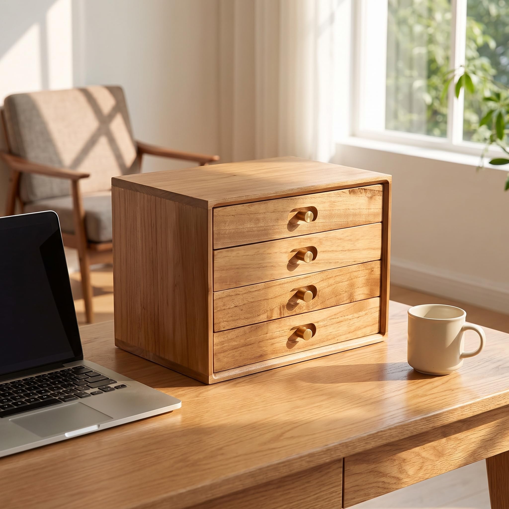 Scatola Portaoggetti da Scrivania in Legno Massello di Noce Chiaro, Schedario A più Livelli per Lorganizzazione di Ufficio E Casa, Elegante, di Medie Dimensioni Natural Large