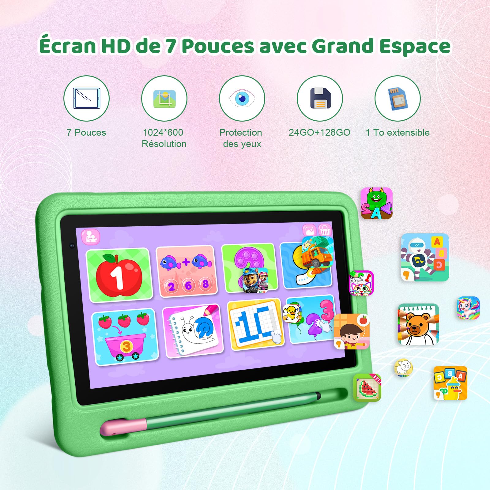 Android 16 Tablette Enfants 7 Pouces, 24Go RAM 128Go ROM (TF 1To), 5G WiFi Tablette Tactile, Double Caméra HD, Widevine L1/Contrôle Parental/BT 5.4 Tablettes avec étui EVA, Vert
