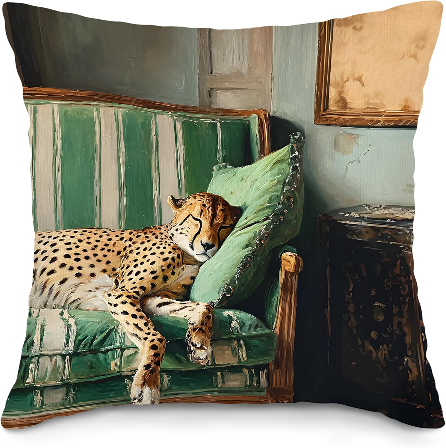 Vintage Sleepy Cheetah Throw Pillow Covers, Retro Leopard Pillow Case Cover for Couch Sofa, Maximalist Wildlife Square Pillowcase, Funky Cushion Cover Case for Bedroom Living Room, 18x18