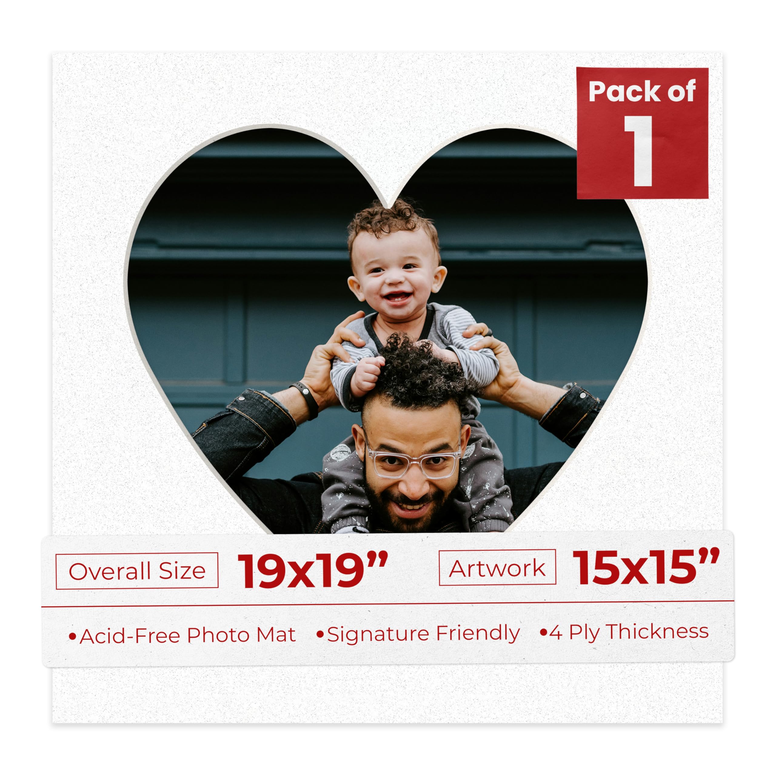 19x19 Mat Bevel Cut for 15x15 Photos - Precut Oyster Shell White Heart Shaped Photo Mat Board Opening - Acid Free Matte to Protect Your Pictures - Bevel Cut for Family Photos, Pack of 1 Matboard-image-15