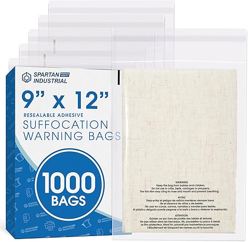 Miniatura 1 de Spartan Industrial - Bolsas de polietileno transparente autosellantes de 9 x 12 pulgadas (1000 unidades) con advertencia de asfixia para embalaje,
