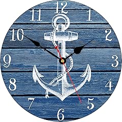 TAHEAT 14 Inch White Anchor Pattern Wall Clock, Non Ticking Silent Clocks, Nautical Retro Wooden