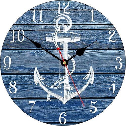 TAHEAT 14 Inch White Anchor Pattern Wall Clock, Non Ticking