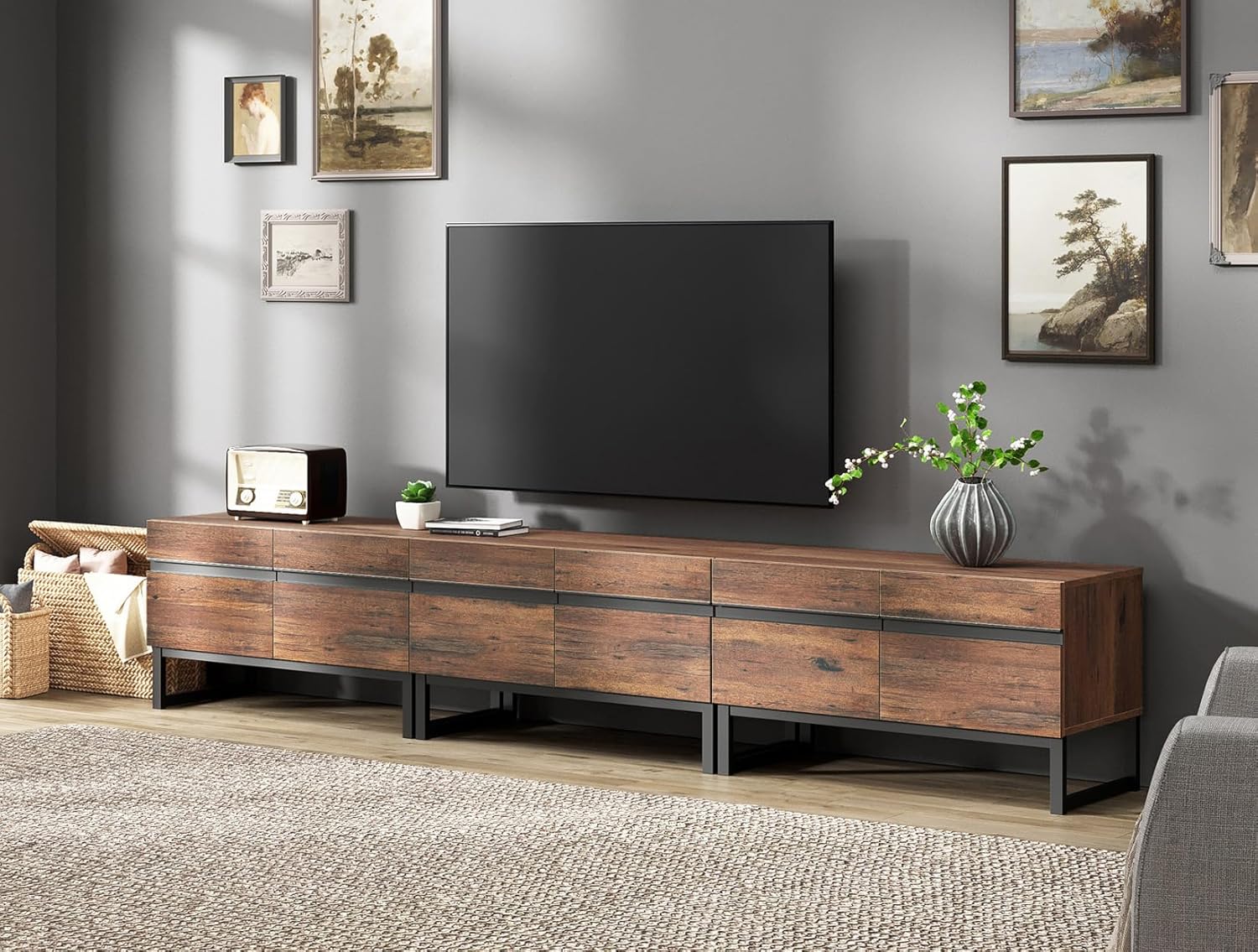WAMPAT Modern TV Stand With Storage Cabinets for 110 Inch TV, Wood Entertainment Center Media Console Table With Metal Leg for Living Room Bedroom, Brown