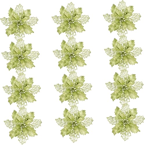 ARTIBETTER 3 juegos de 12 piezas de flores huecas de Navidad para exteriores, guirnalda de Navidad con purpurina de flores de pascua, adorno de