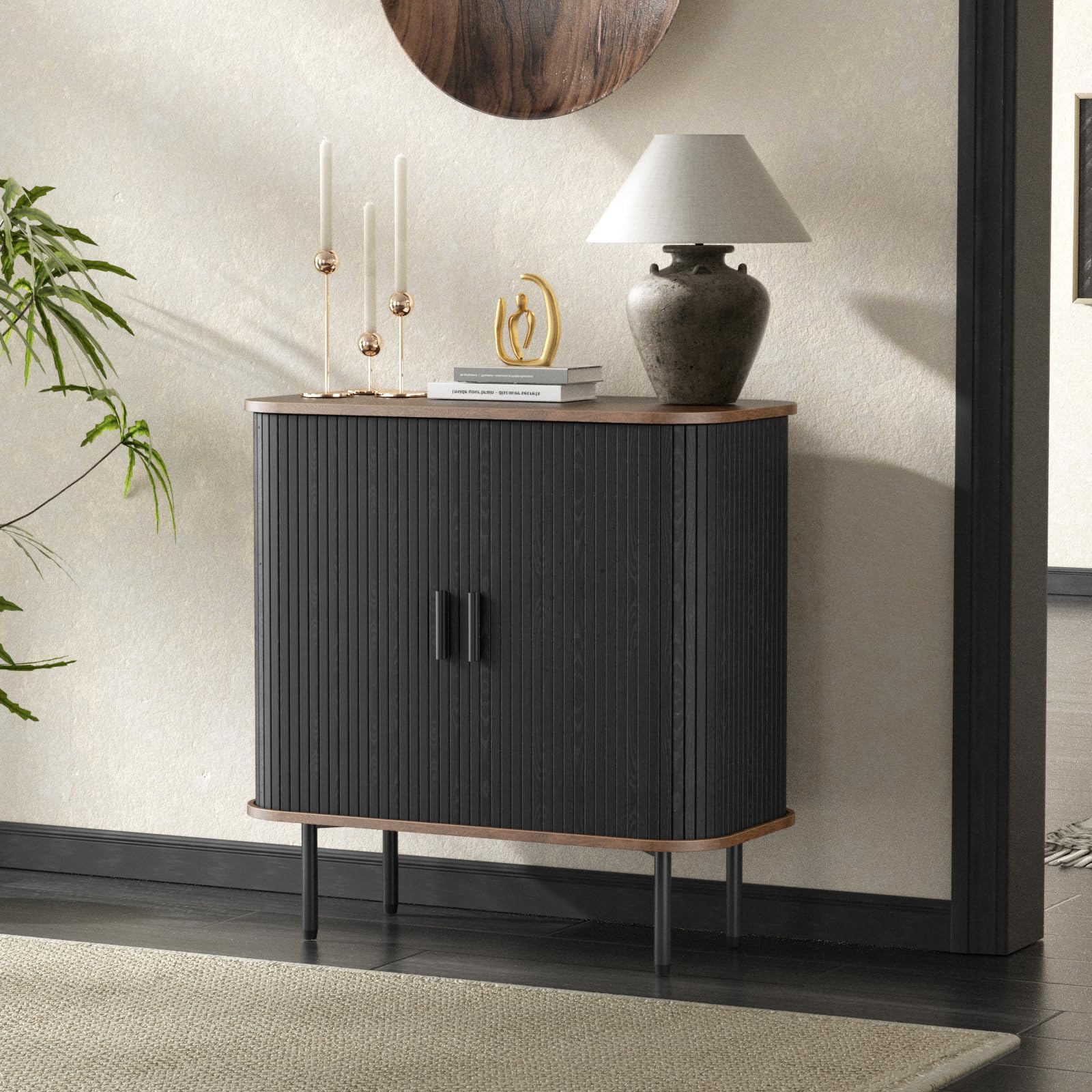31''W Black Fluted Buffet Sideboard Cabinet with Storage, Small Coffee Bar Sideboard Storage Cabinet with Sliding Tambour Door, Brown Entryway Table, Console Table for Living Room, Dining Room