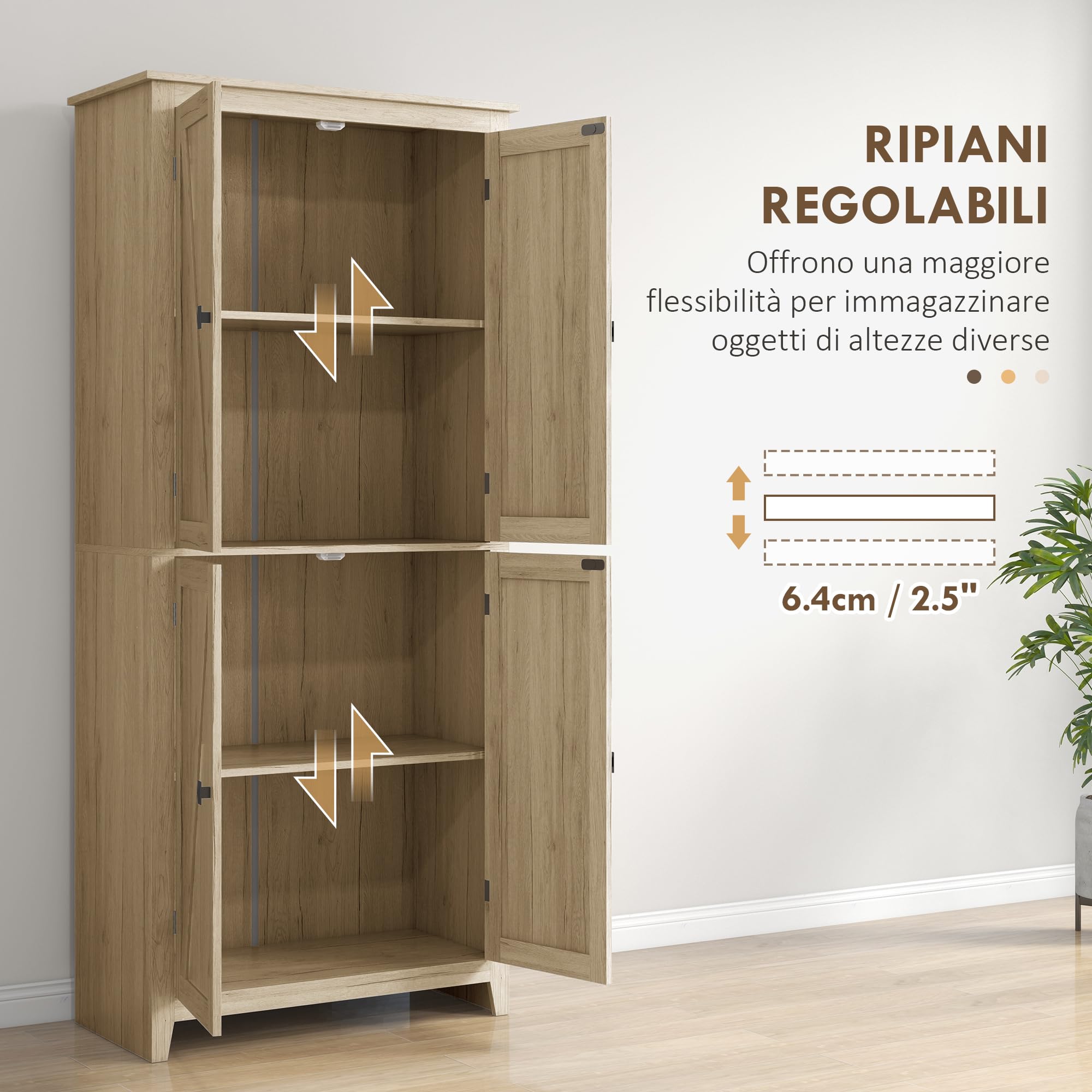 HOMCOM Credenza Moderna a 4 Ante con Mensole Regolabili e Base Rialzata, Mobile Cucina in Legno, 80x40x182 cm, Color Legno