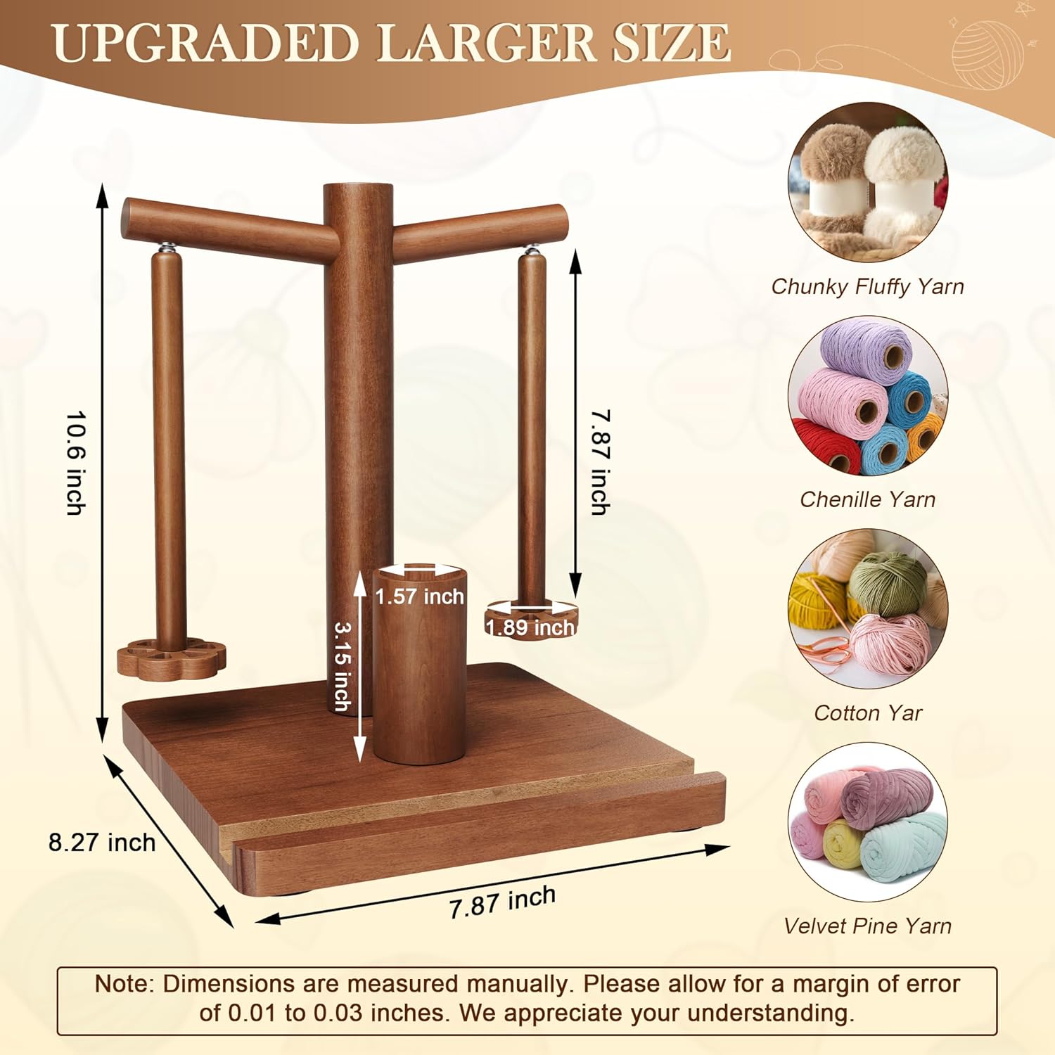 Yarn Holder for Crocheting and Knitting with Phone Stand, Wooden Double Spindles Yarn Holder, Upgraded 360° Magnetic Rotating Yarn Spinner, Crochet Gift for Knitting Lovers (Walnut)