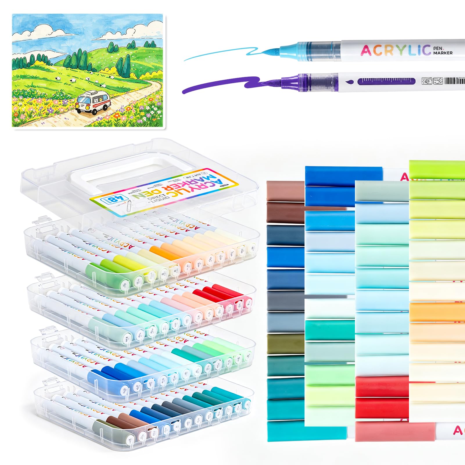Acrylic Paint Markers Brush Tip 48 Colors,Waterproof Paint Pens Set