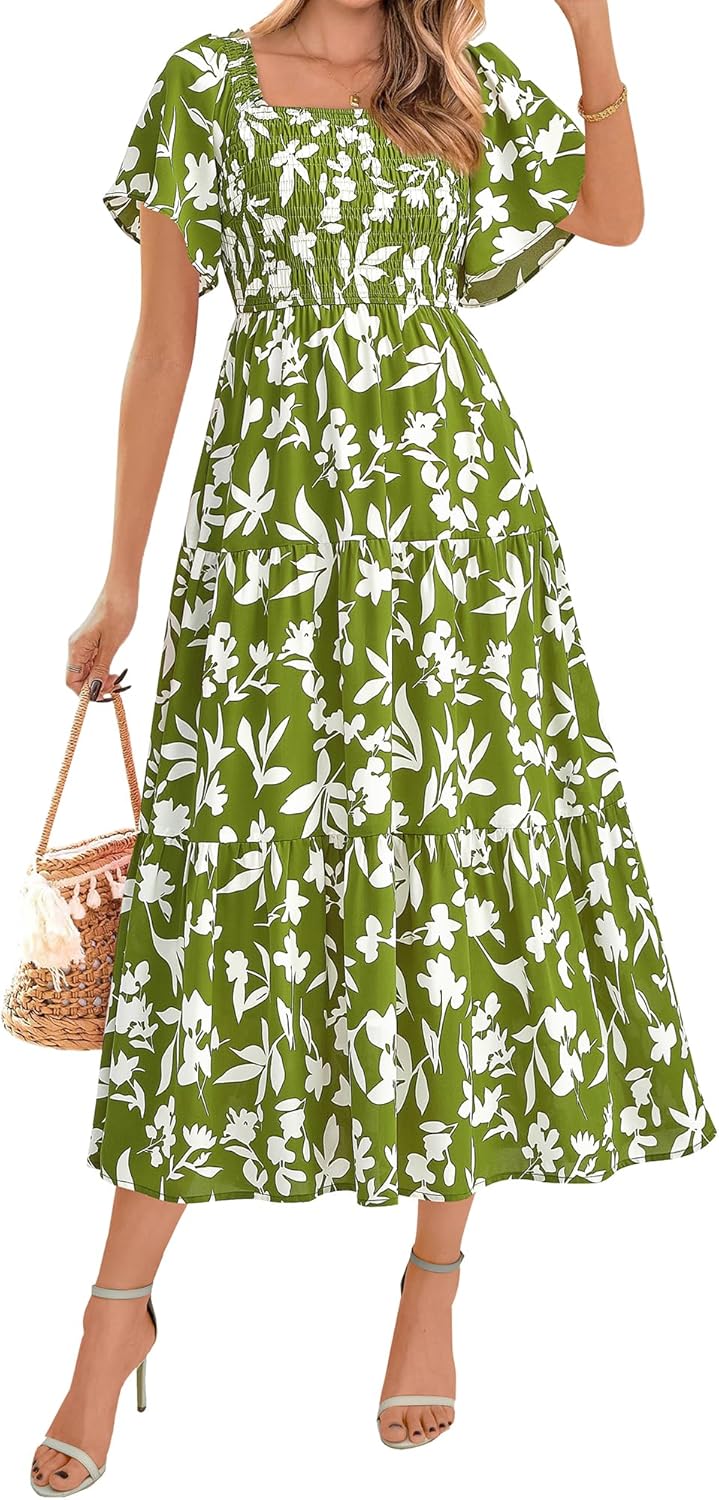BTFBM Women's Clothing Wedding Guest Dresses Casual Boho Floral Short Sleeve Smocked Maxi Beach Spring Summer Dress 2026