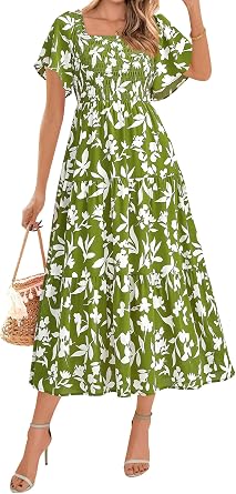 BTFBM Womens Clothing Wedding Guest Dresses Casual Boho Floral Short Sleeve Smocked Maxi Beach Spring Summer Dress 2026