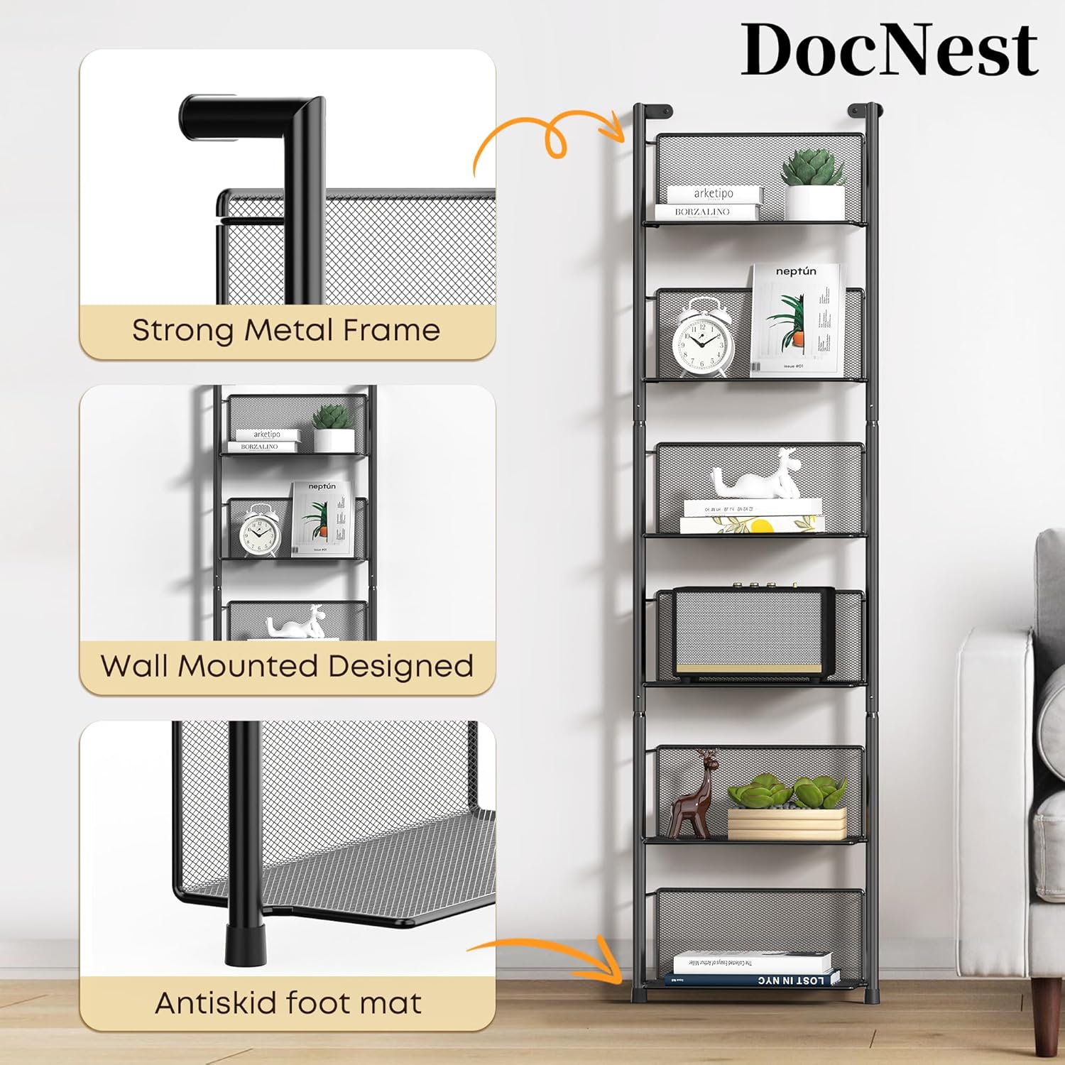 Docnest Industrial Wall-Mounted Ladder Shelf - 6-Tier Metal Bookshelf Organizer, 47.6 Inch Modern Floating Shelves for Plants, Books & Home Decor, Black Industrial Storage Shelving