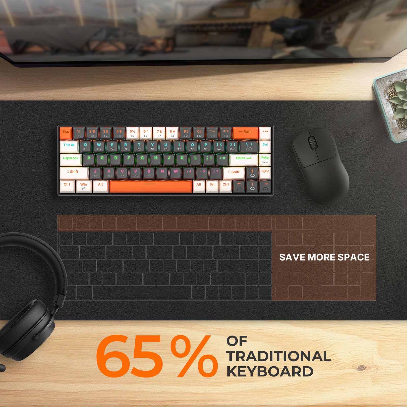 EX68 Clavier Gamer Mécanique sans Fil QWERTY 65%, Bluetooth 5.1