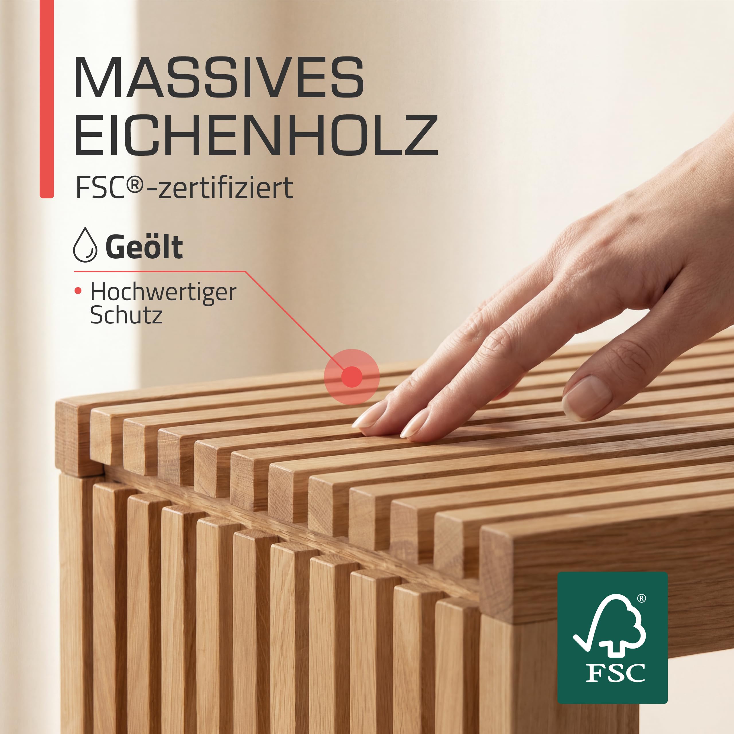 bomoe Lamellen-Hocker Holz FSC® Eichenholz für Küche und Badezimmer stabil | 45x33x43cm massiver langlebiger Sitzhocker Flur Garderobenhocker Schuhhocker Hocker Badhocker Sitzbank Eichberg