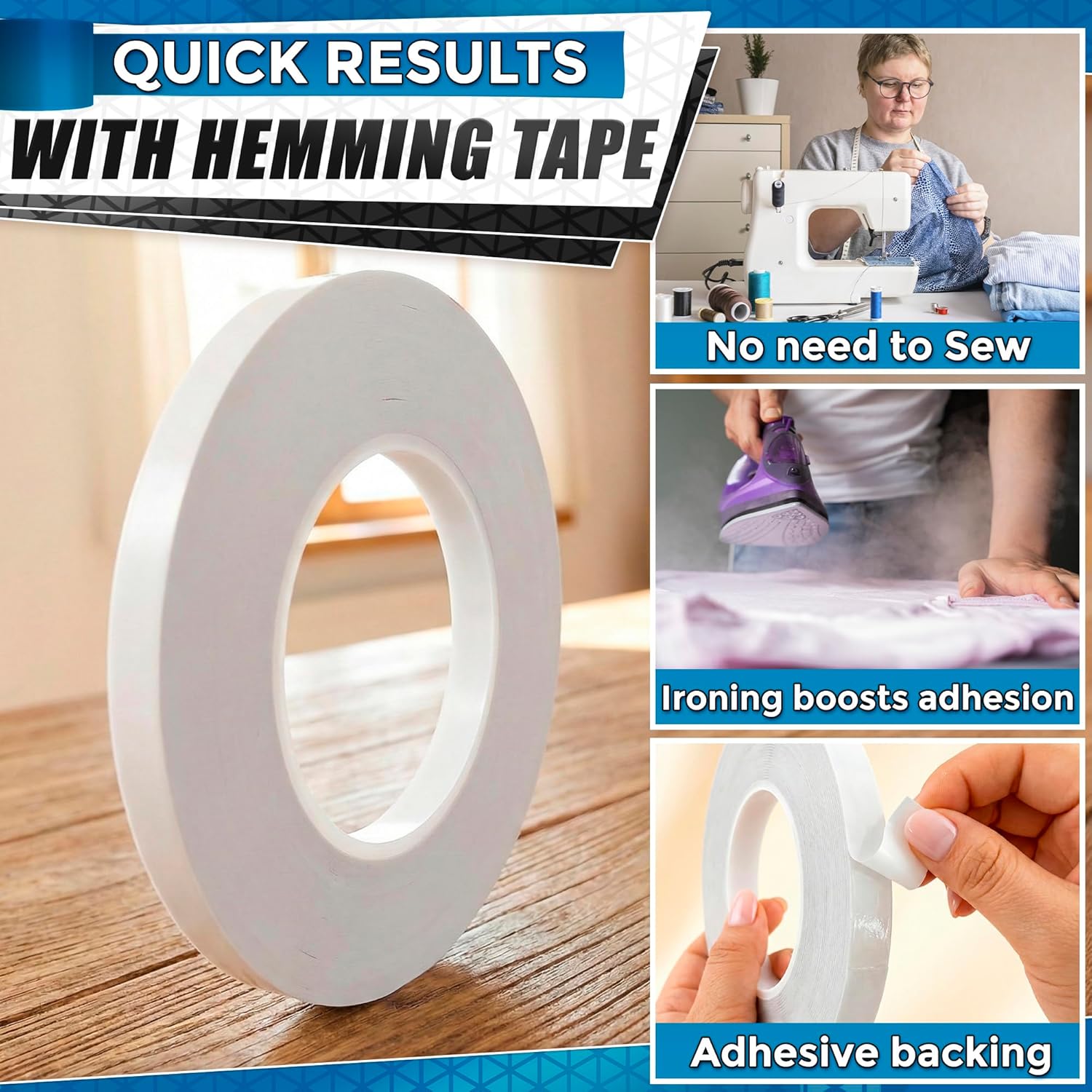 Hem Tape No Sew No Iron Household – 0.4 in x 60 Yd Ultra -Thin Transparent Acrylic Double Sided Tape for Clothes – Strong Adhesion for DIY Crafts, Clothes Repairs | Easy to Use and Clean Removal