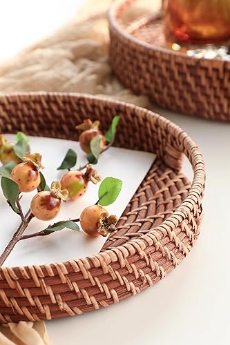Miniatura 3 de HITOMEN Bandeja de mimbre redonda tejida a mano con asas para mesa de café (marrón miel, M-11.8 pulgadas)