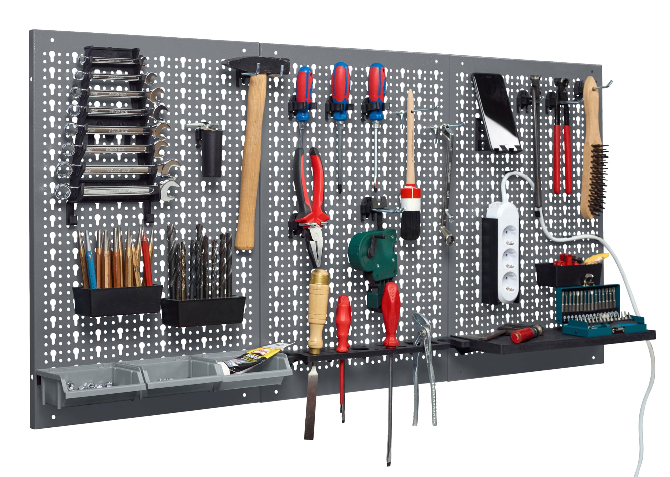 Küpper Lochwand 70108 – 3-teilige Werkzeugwand inkl. 12 Haken – 120 x 60 cm – Stahlblech – Made in Germany - inkl. Montagematerial (Hellgrau)