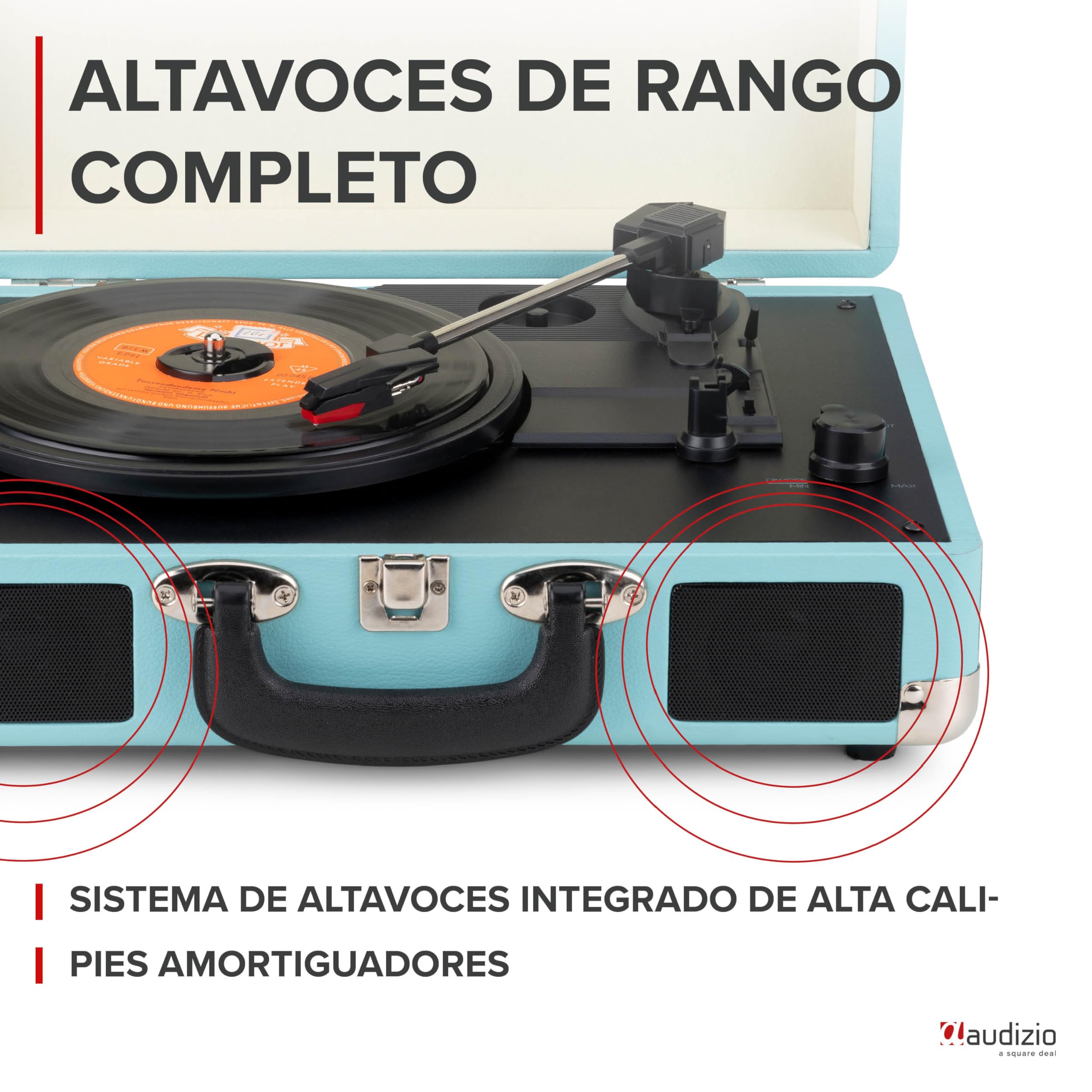 Audizio RP116B Tocadiscos con Altavoz, Funciona con Bluetooth 5.0, digitalización con USB, AUX, Parada automática, Tocadiscos de Vinilo de 3 velocidades y transmisión por Correa de 33/45/78 - Azul