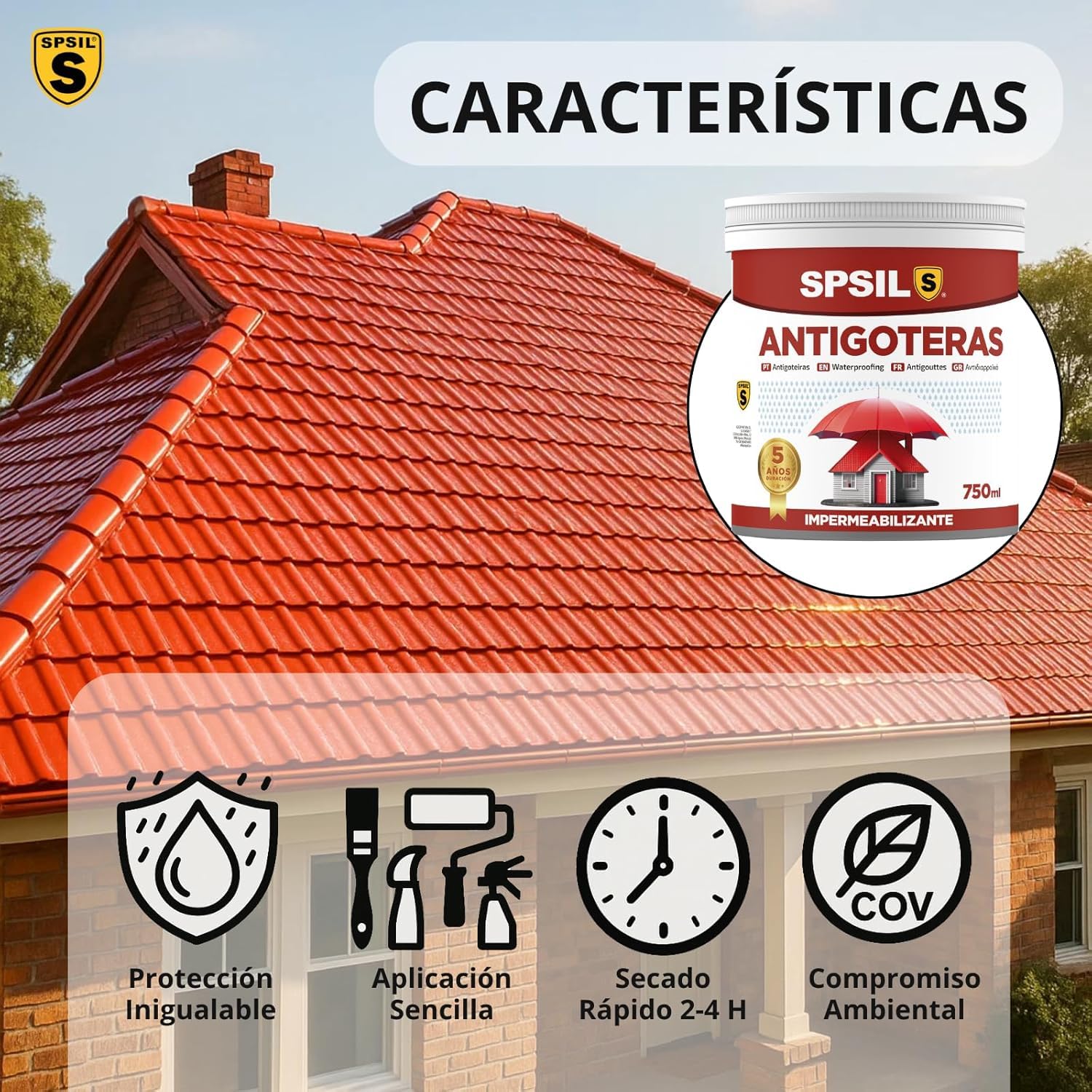 SPSIL Pintura Impermeabilizante Blanca 750 ml-Sellador Antihumedad y Antifiltraciones para Tejados, Terrazas, Cubiertas y Fachadas – Secado Rápido 1-2 h-Protección Exterior Duradera hasta 5 Años - 3
