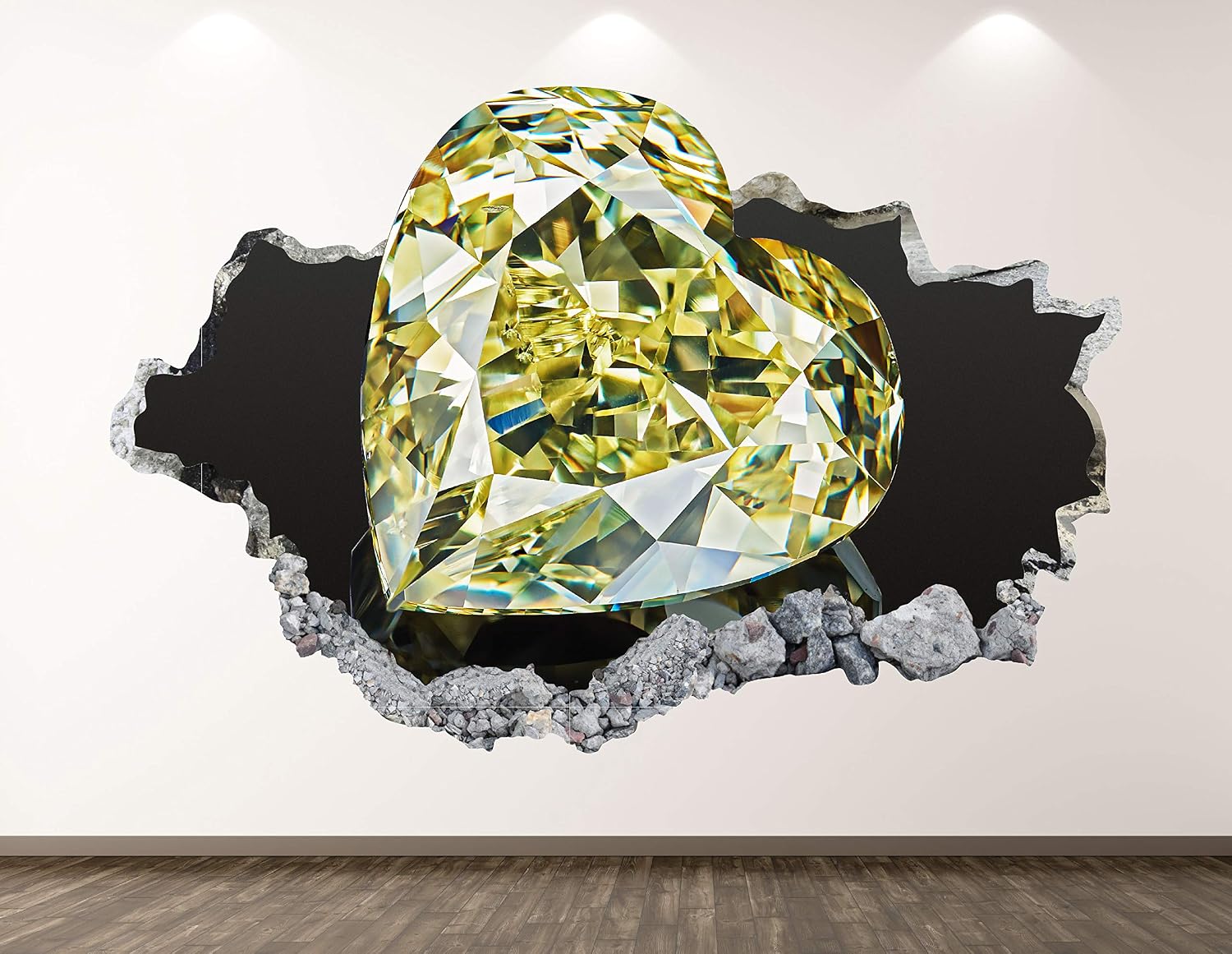 Heart Wall Decal Art Decor 3D Smashed Natural Yellow Diamond Heart Shape Picture Sticker Poster Kids Room Mural Custom Gift BL2231 (30"W x 18"H)