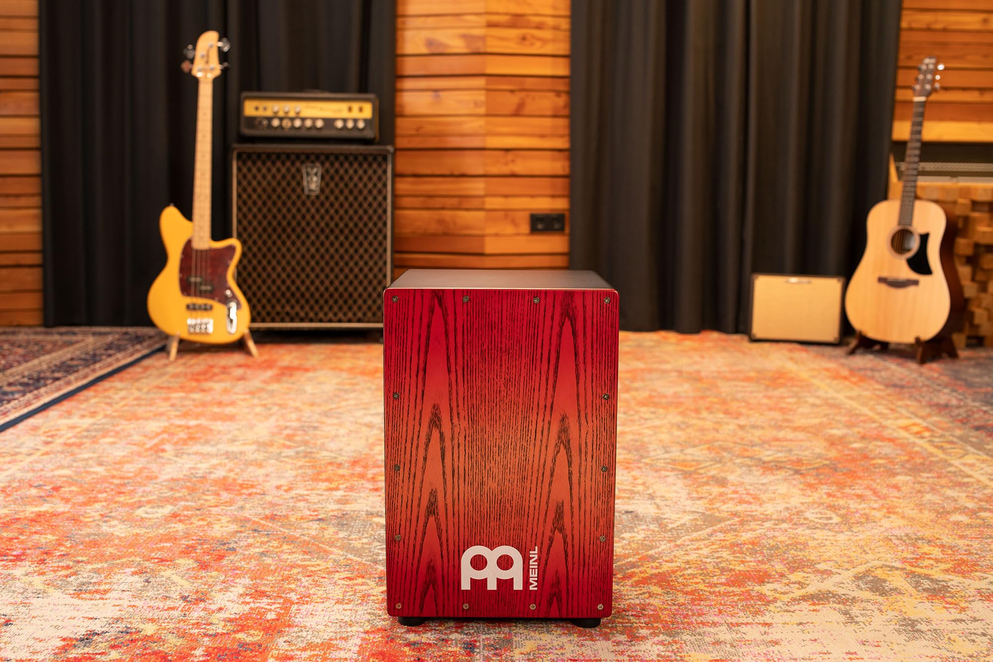 Meinl Percussion Headliner Snare Cajon, Schwarz und Rot (MCAJ100BK-TRF) | mit 2 Snare-Teppichen, Faserplatte und Weißesche
