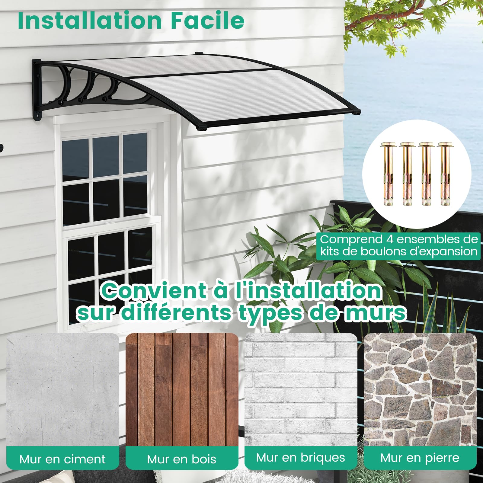 RELAX4LIFE Marquise de Porte Exterieur 150x100 CM, Auvent Porte d’Entrée en Polycarbonate, Protection Contre Pluie et UV, Auvent Marquise Aluminium pour Terrasse Balcon Patio