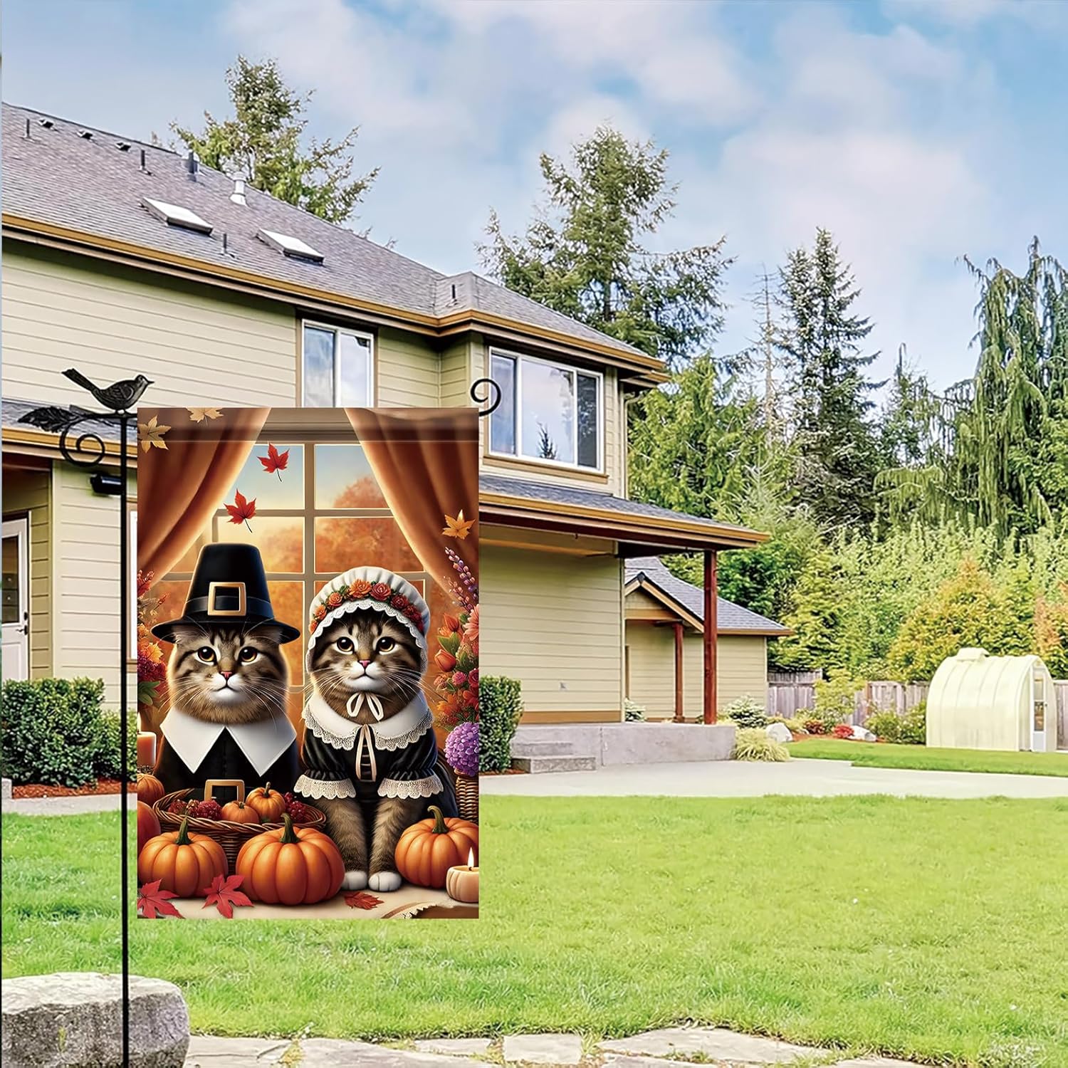 Thanksgiving Garden Flag 12x18 Inch Pilgrim Cats with Pumpkins and Fall Decor Autumn Seasonal Outdoor Yard Porch Lawn Banner - Image 6