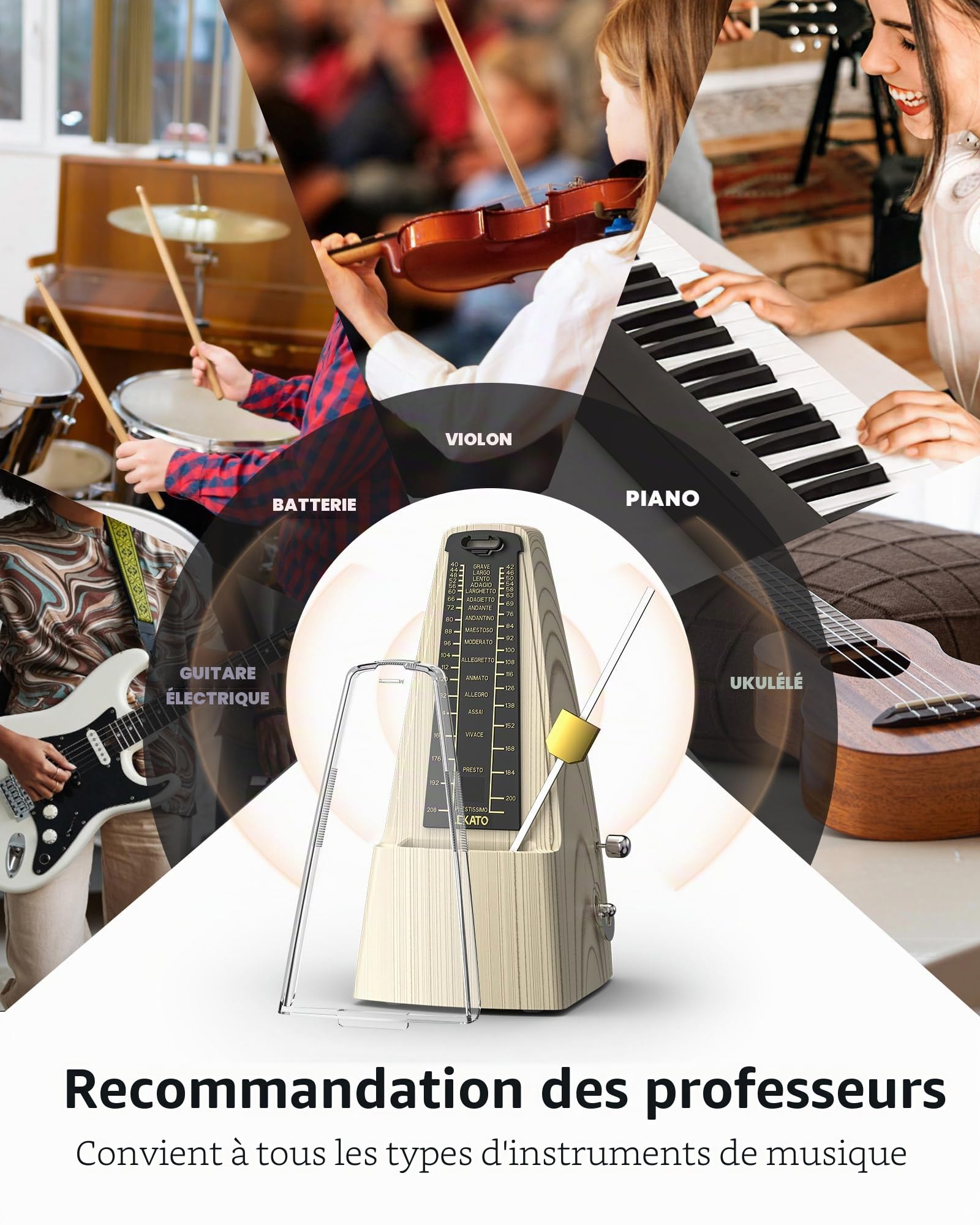Métronome mécanique avec mouvement en métal, métronome universel LEKATO pour piano, batterie, guitare, ukulélé, violon, saxophone, look classique, facile à utiliser, son fort, pas besoin de piles
